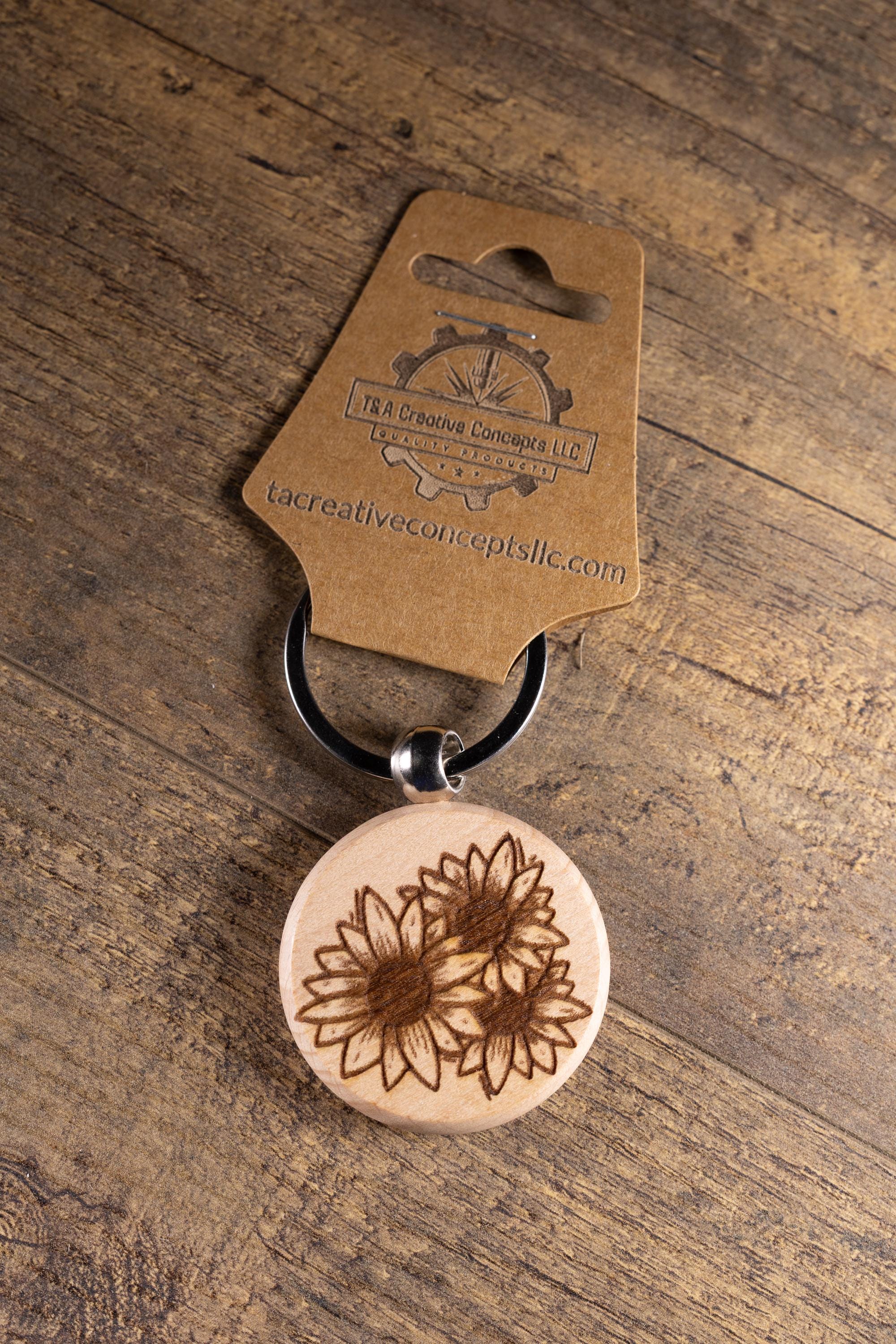 Sunflower Wood Keychain - Laser Engraved Hardwood With Stainless Steel Ring