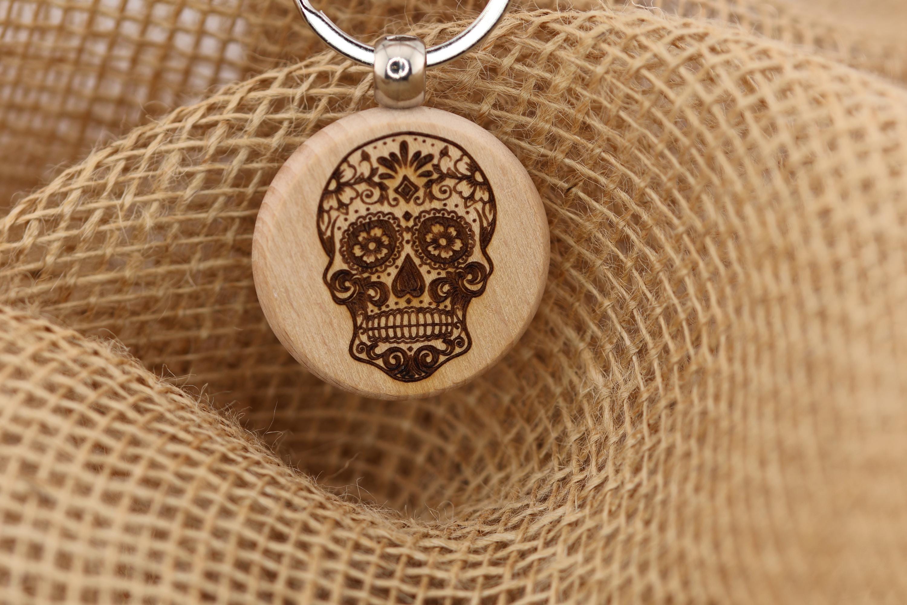 Sugar Skull Keychain – Laser Engraved Wood With Stainless Steel Ring, Colorful Design