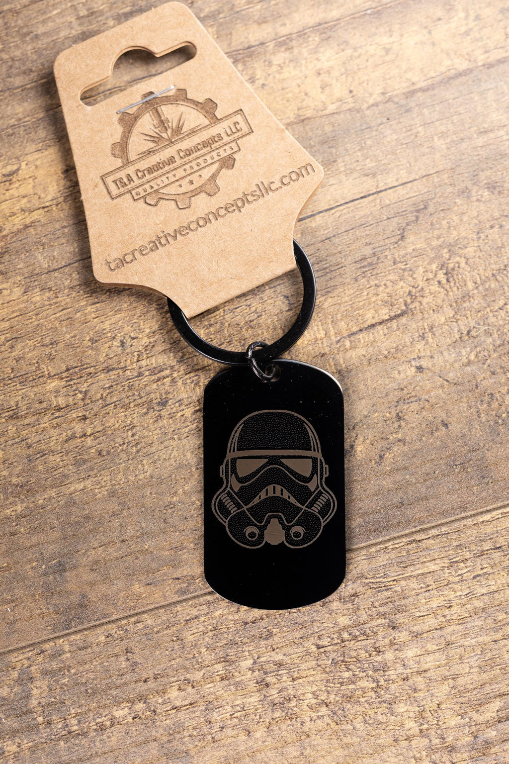 Stormtrooper Keychain - Black Stainless Steel Laser Engraved Helmet Design, Matte Finish