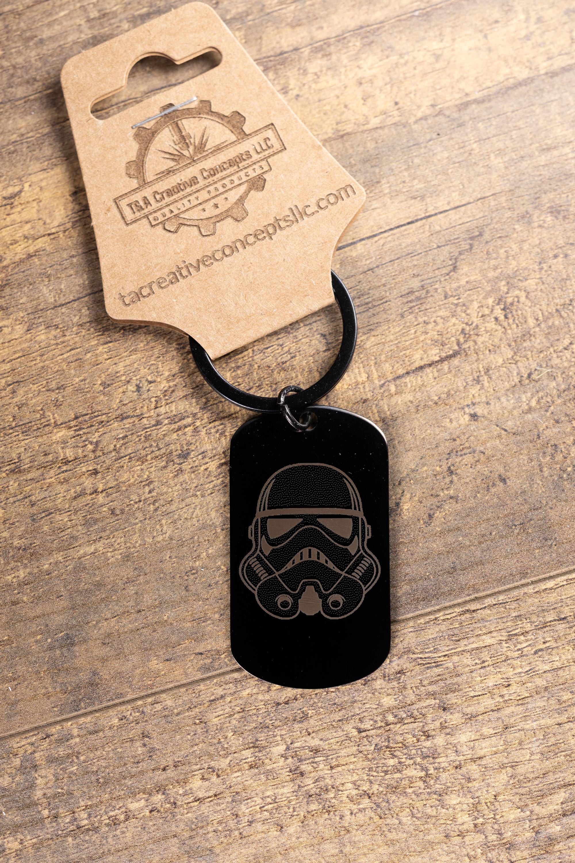 Stormtrooper Keychain - Black Stainless Steel Laser Engraved Helmet Design, Matte Finish