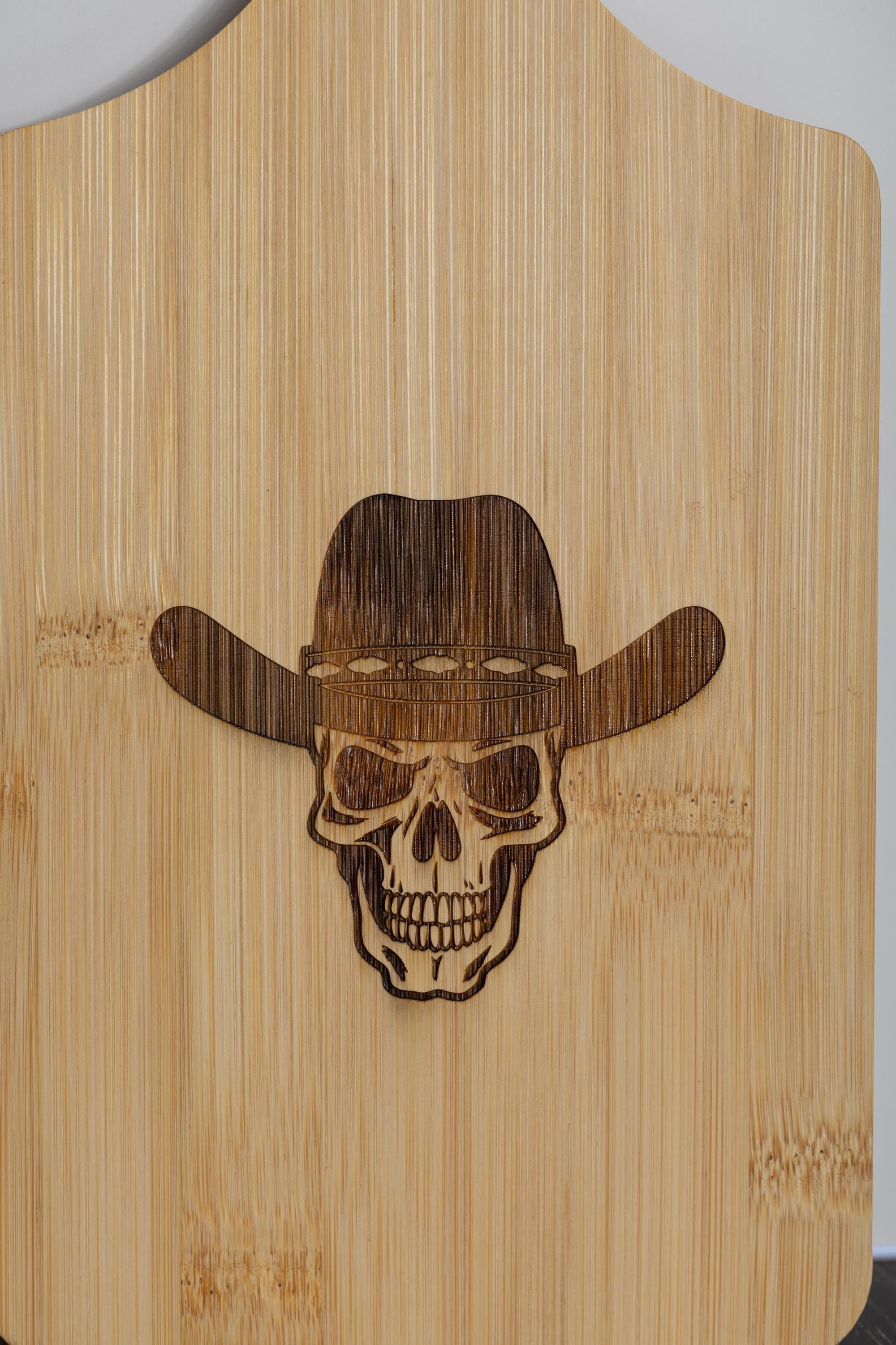 Cowboy Skull Cutting Board – Bamboo Rustic Kitchen Board With Cowboy Hat Design