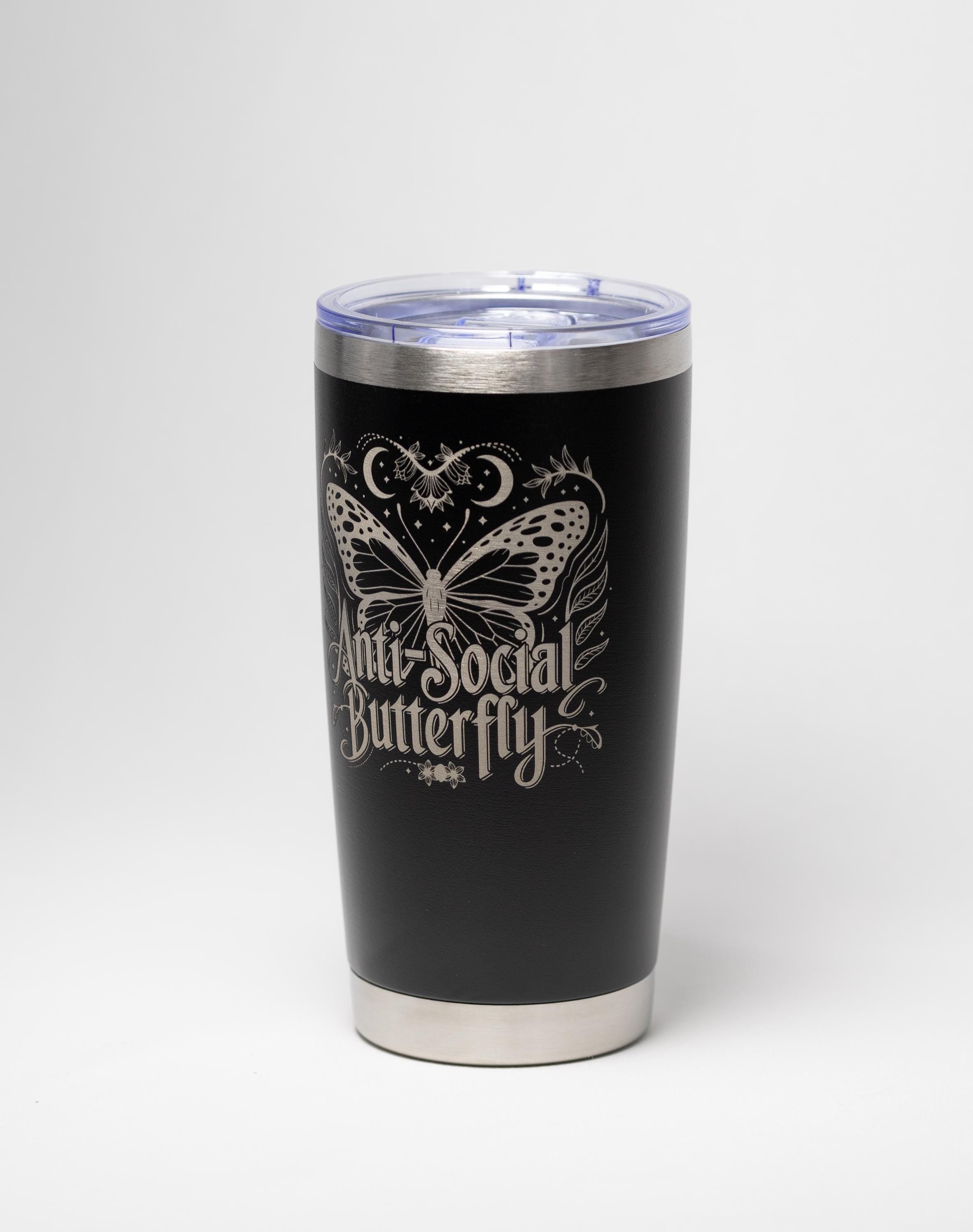 Insulated Travel Tumbler – Laser Engraved Butterfly Design, Custom Powder Coated, 20oz