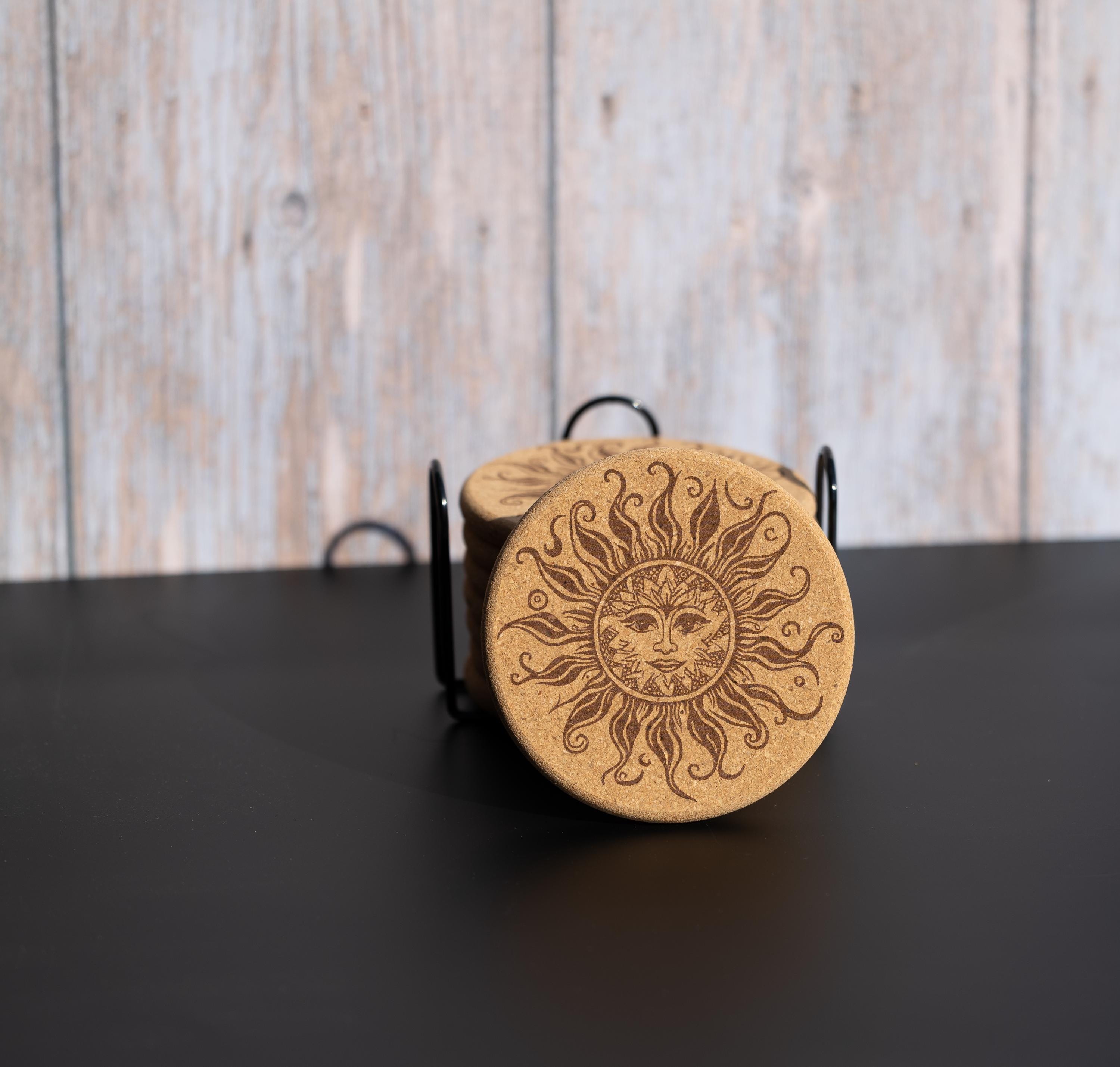 Sun Cork Coasters - Set of 8 Laser Engraved Boho Rustic Drink Mats with Holder
