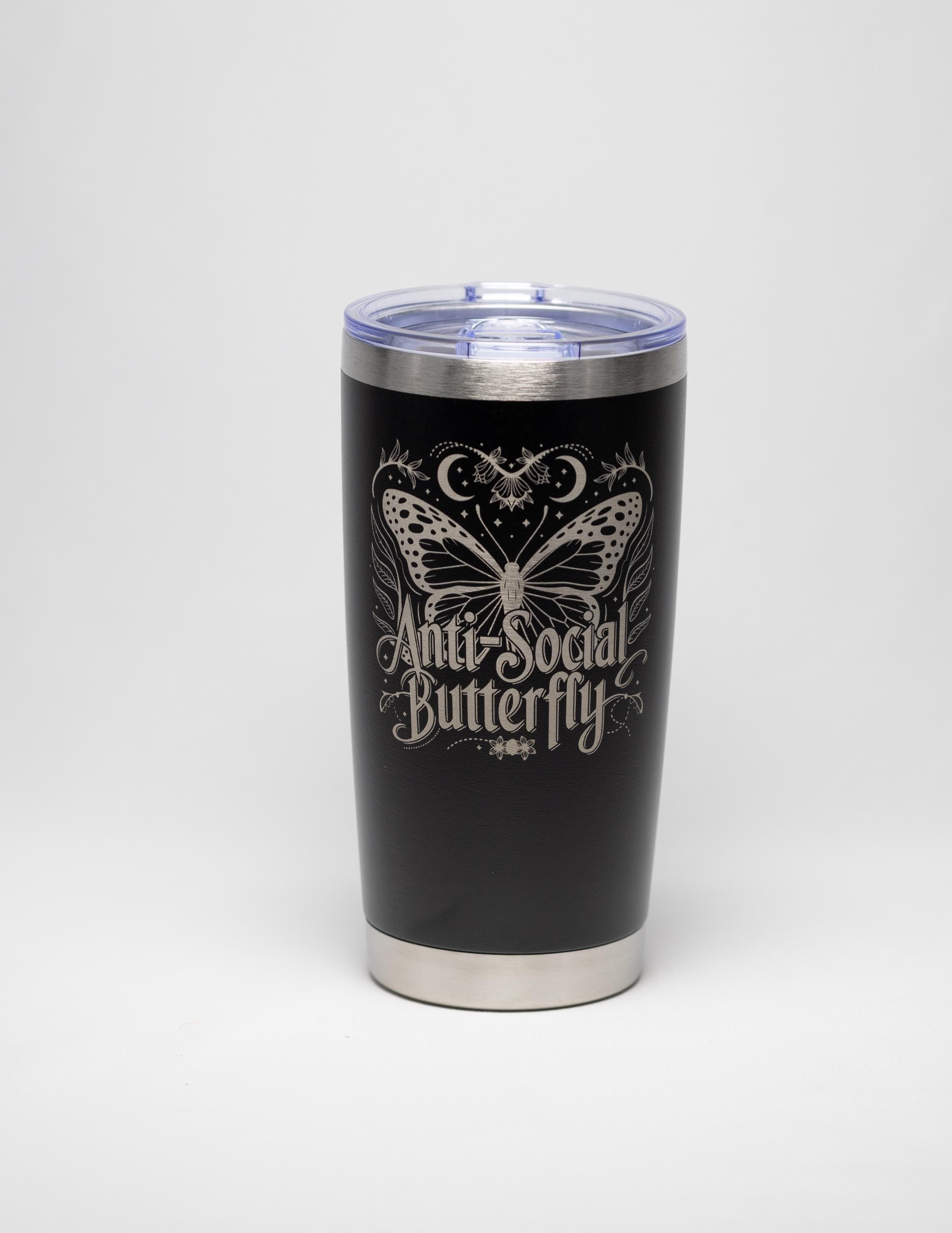 Insulated Travel Tumbler – Laser Engraved Butterfly Design, Custom Powder Coated, 20oz