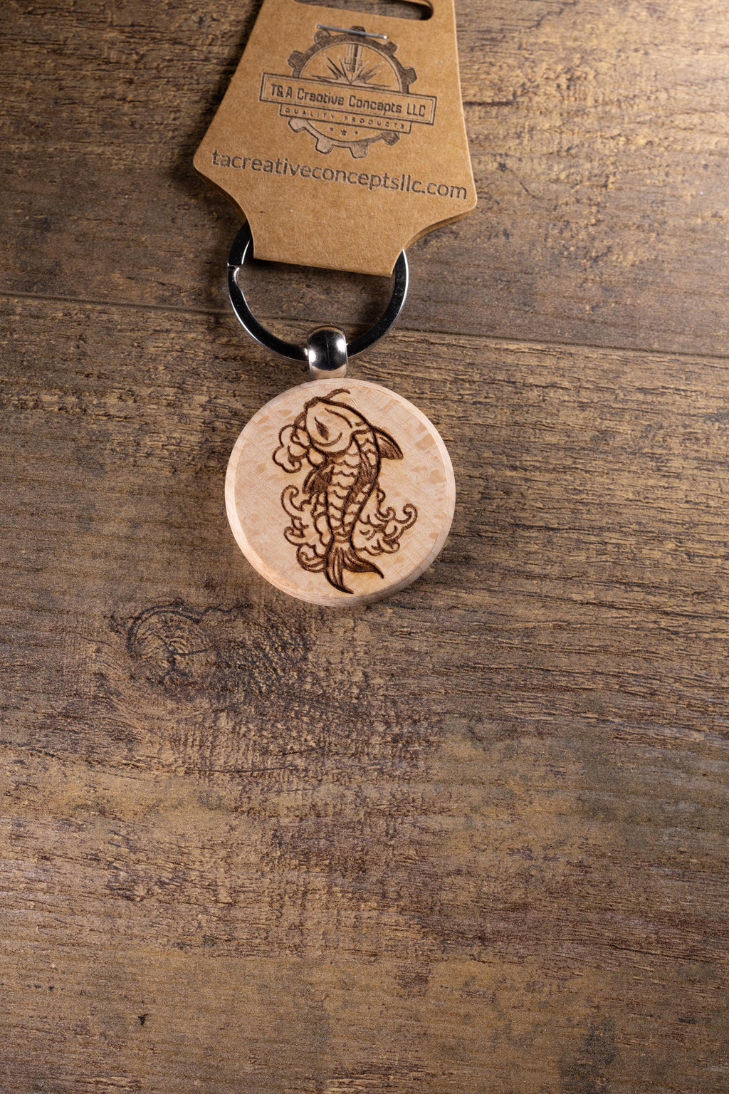 Koi Fish Keychain – Laser Engraved Hardwood With Stainless Steel Ring, Natural Finish