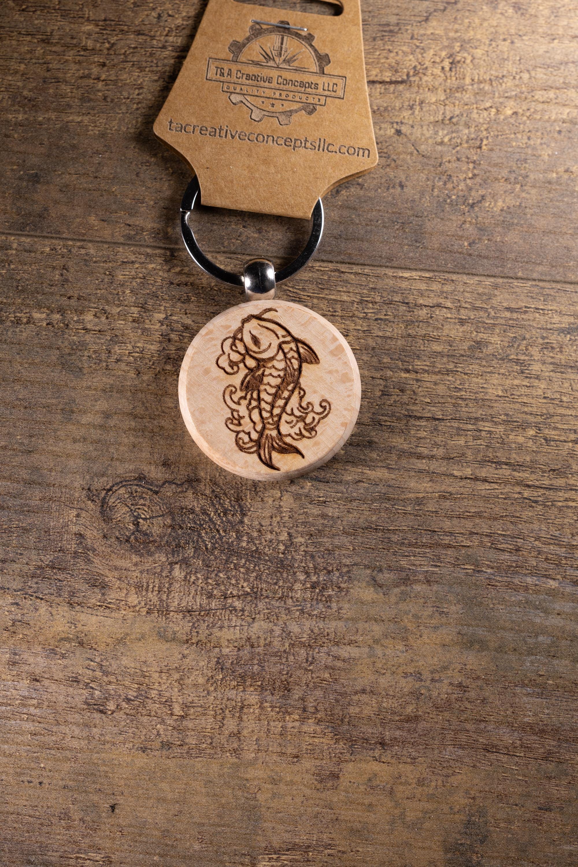 Koi Fish Keychain – Laser Engraved Hardwood With Stainless Steel Ring, Natural Finish
