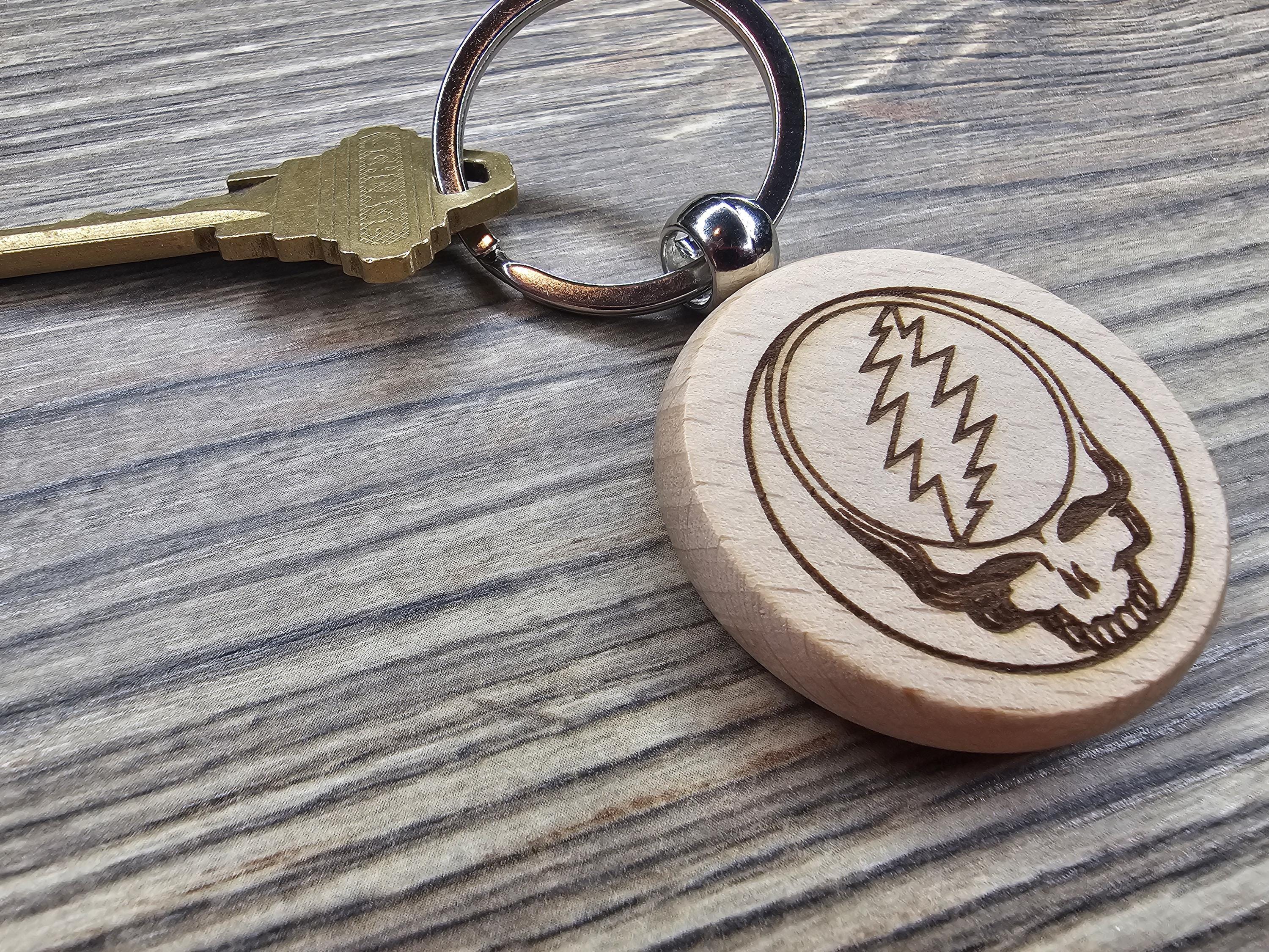 Deadhead Wood Keychain – Double Sided Laser Engraved Steal Your Face Logo Charm