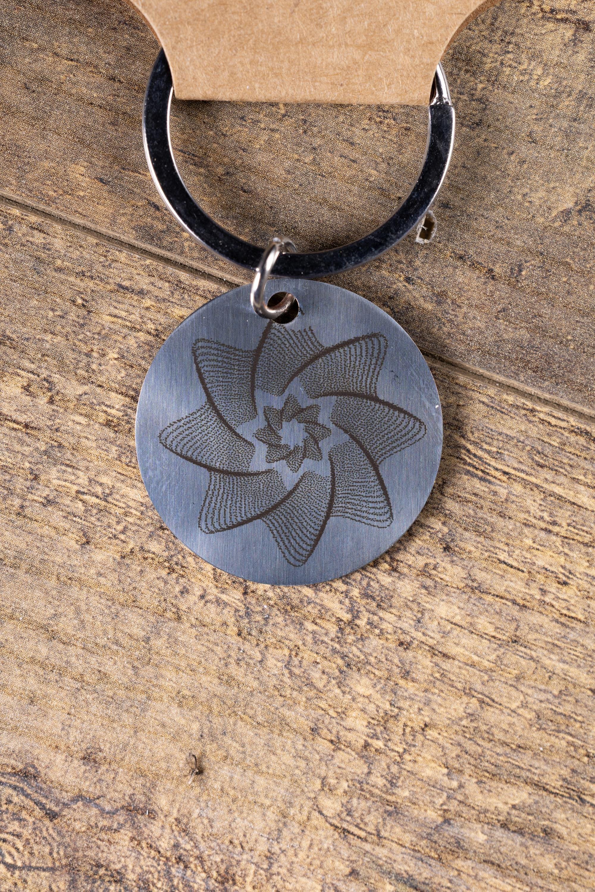 Polished Stainless Steel Keychain - Geometric Star Design with Laser Engraved Spiral Line