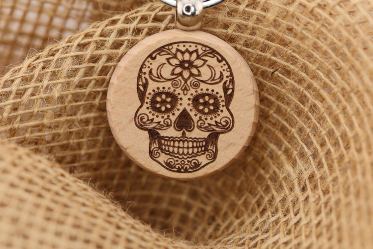 Sugar Skull Keychain - Laser Engraved Hardwood Bag Charm with Stainless Steel Keyring