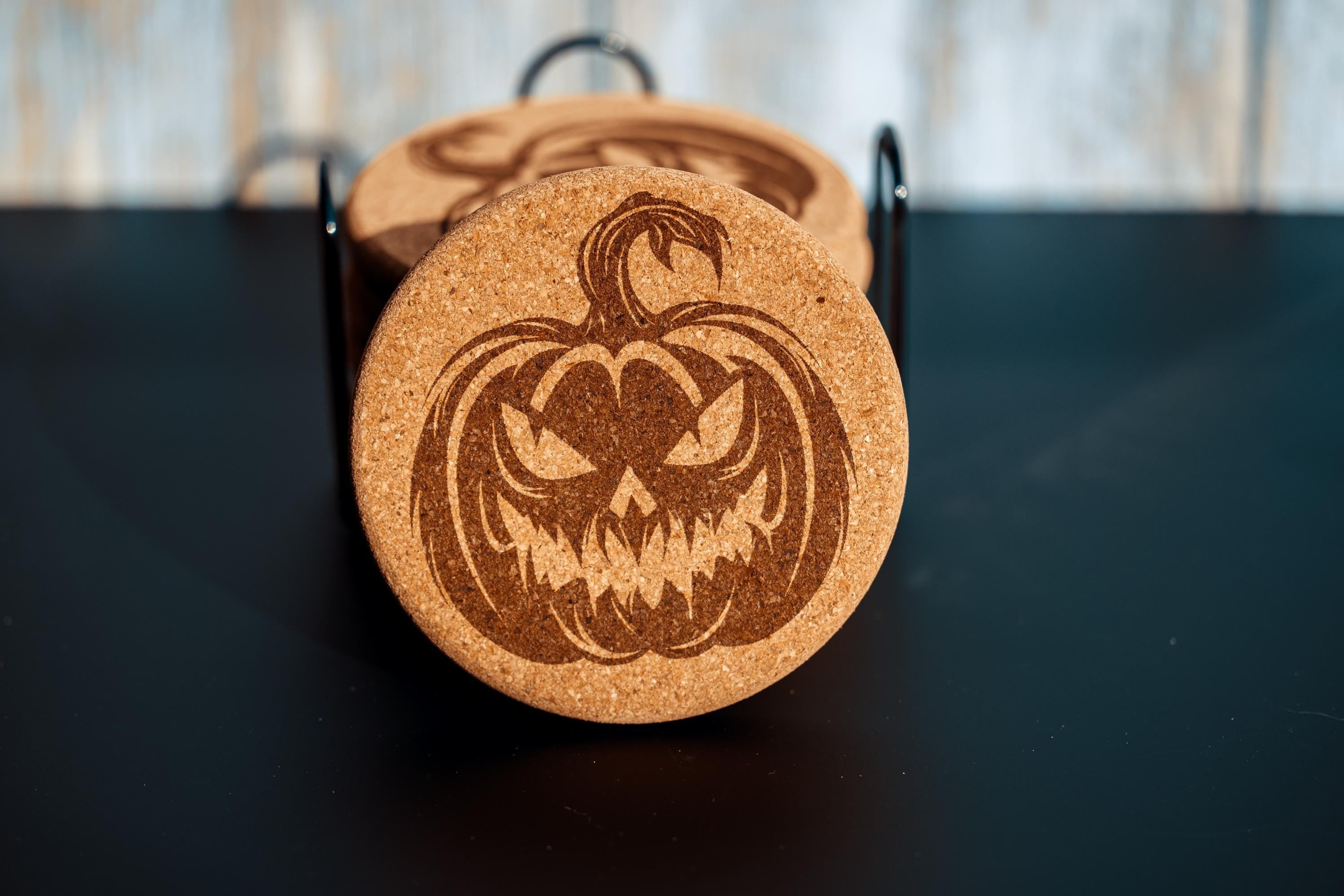 Halloween Pumpkin Coasters – Natural Cork Set | Laser Engraved Pumpkin Coaster Holder