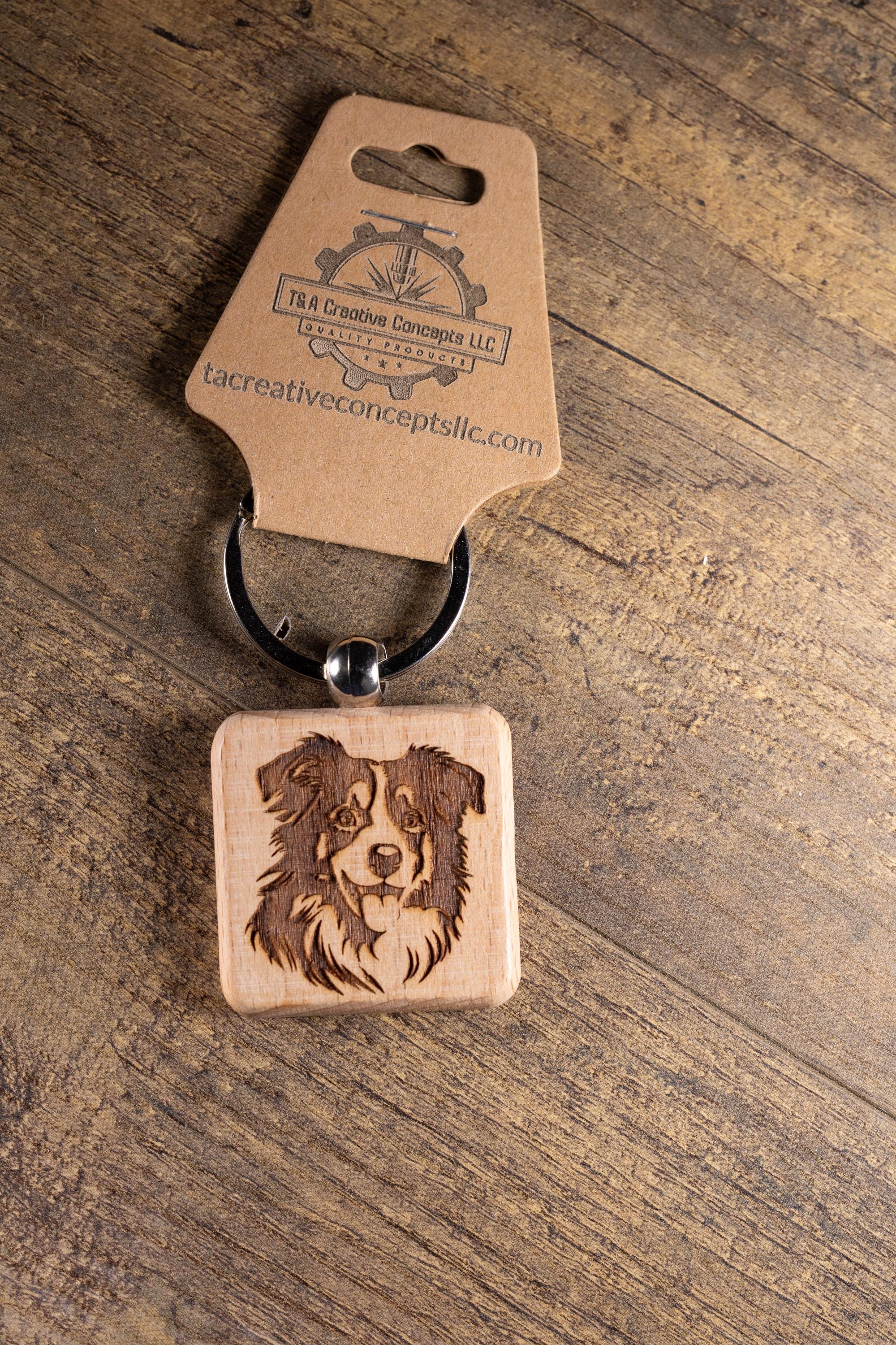 Australian Shepherd Keychain - Laser Engraved Wood Charm With Durable Stainless Steel Ring