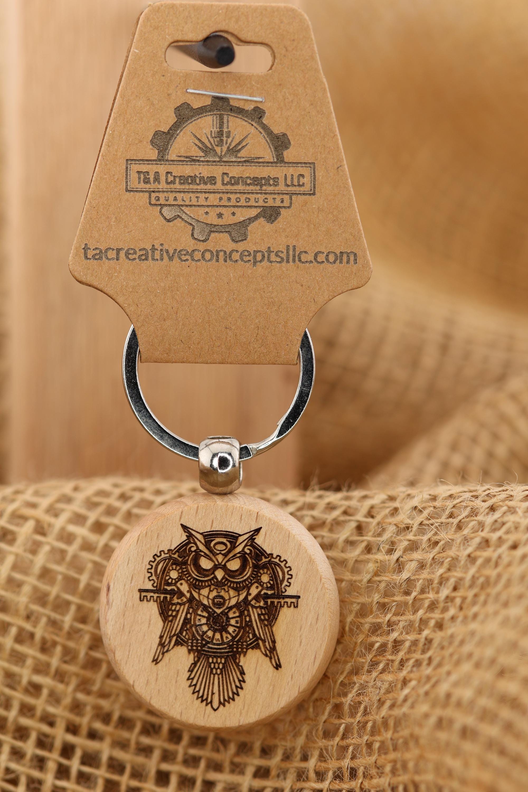 Steampunk Owl Keychain – Double Sided Charm | Engraved Hardwood Keepsake