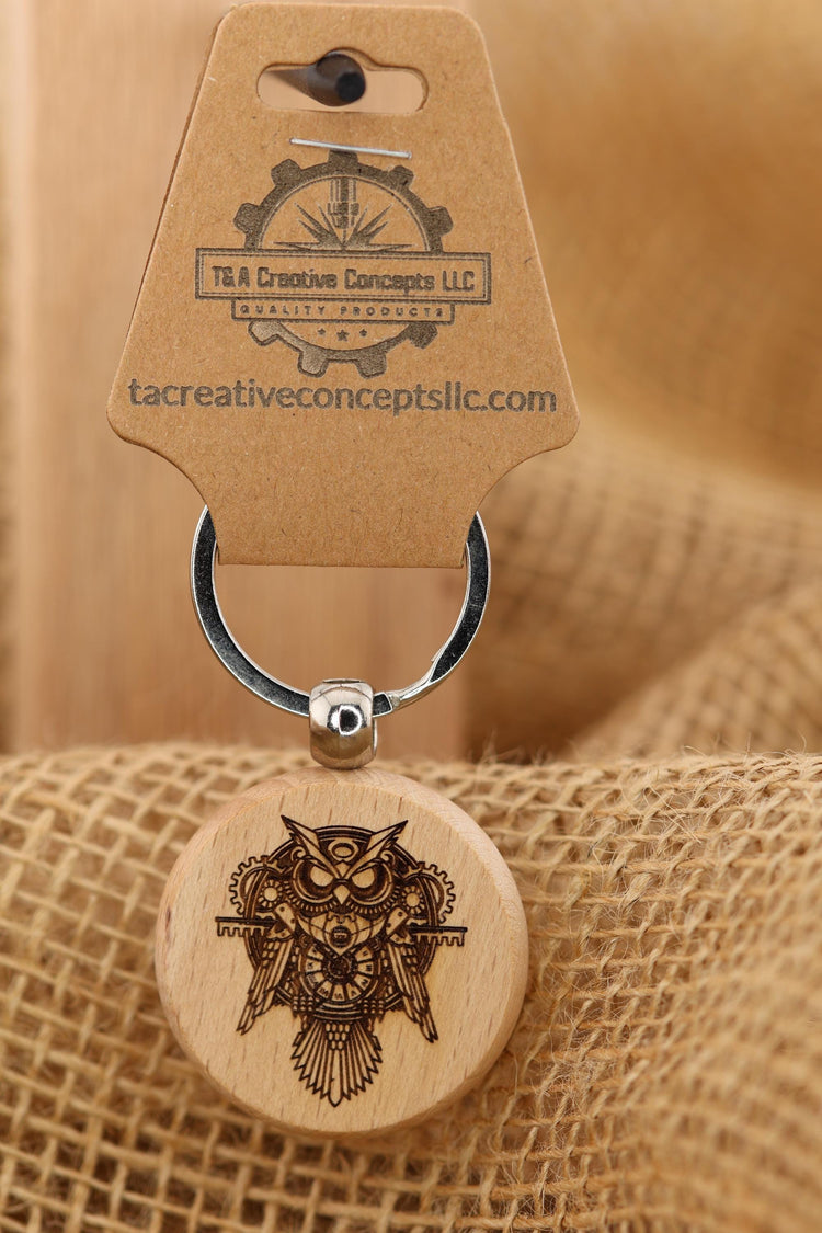 Steampunk Owl Keychain – Double Sided Charm | Engraved Hardwood Keepsake