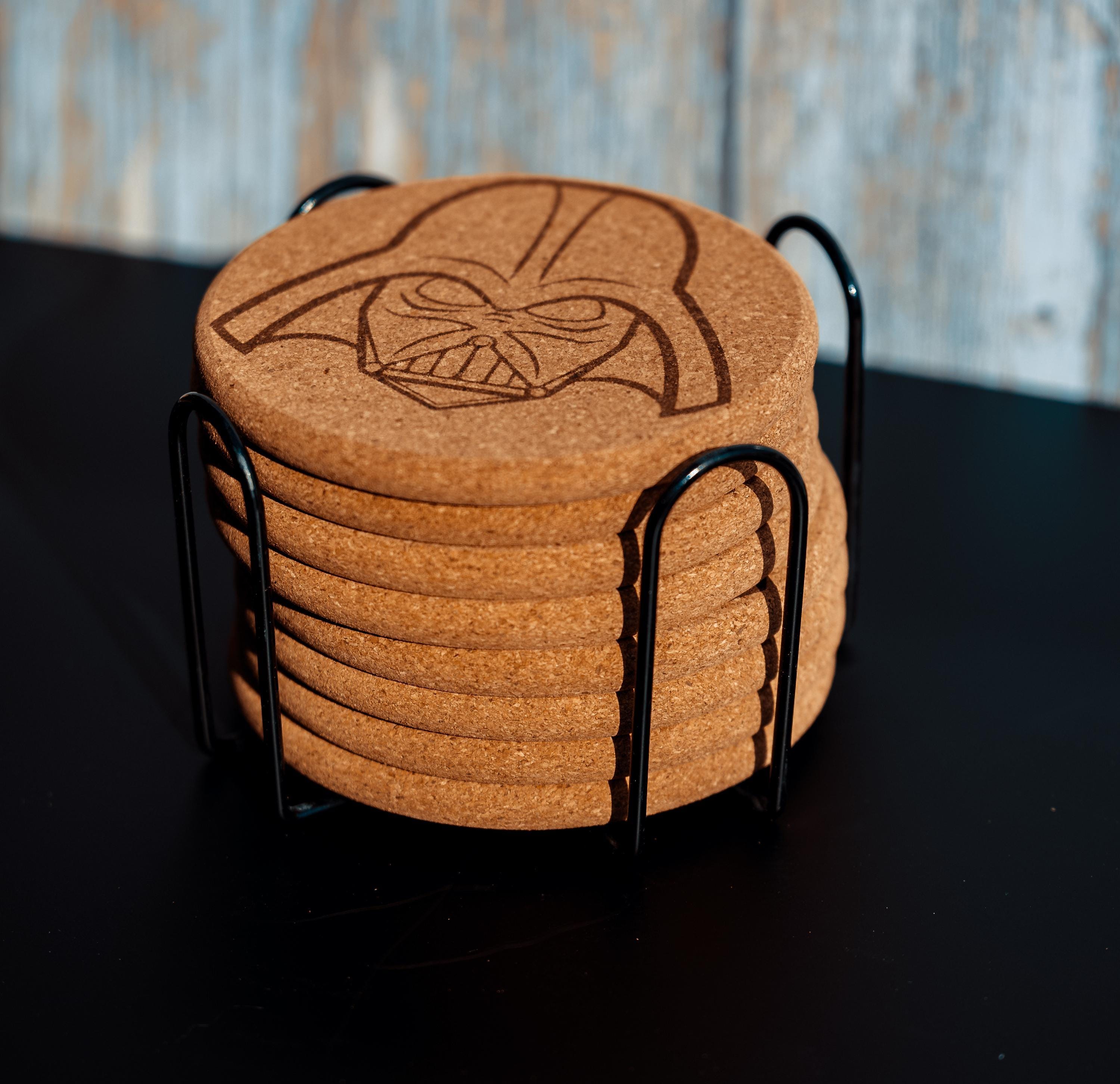 Darth Vader Coasters – Star Wars Drink Mats | Laser Engraved Cork Set with Holder