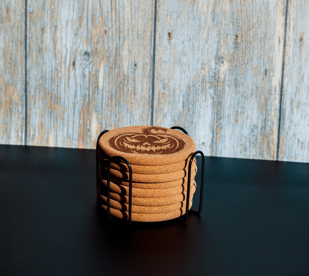 Halloween Pumpkin Coasters – Natural Cork Set | Laser Engraved Pumpkin Coaster Holder
