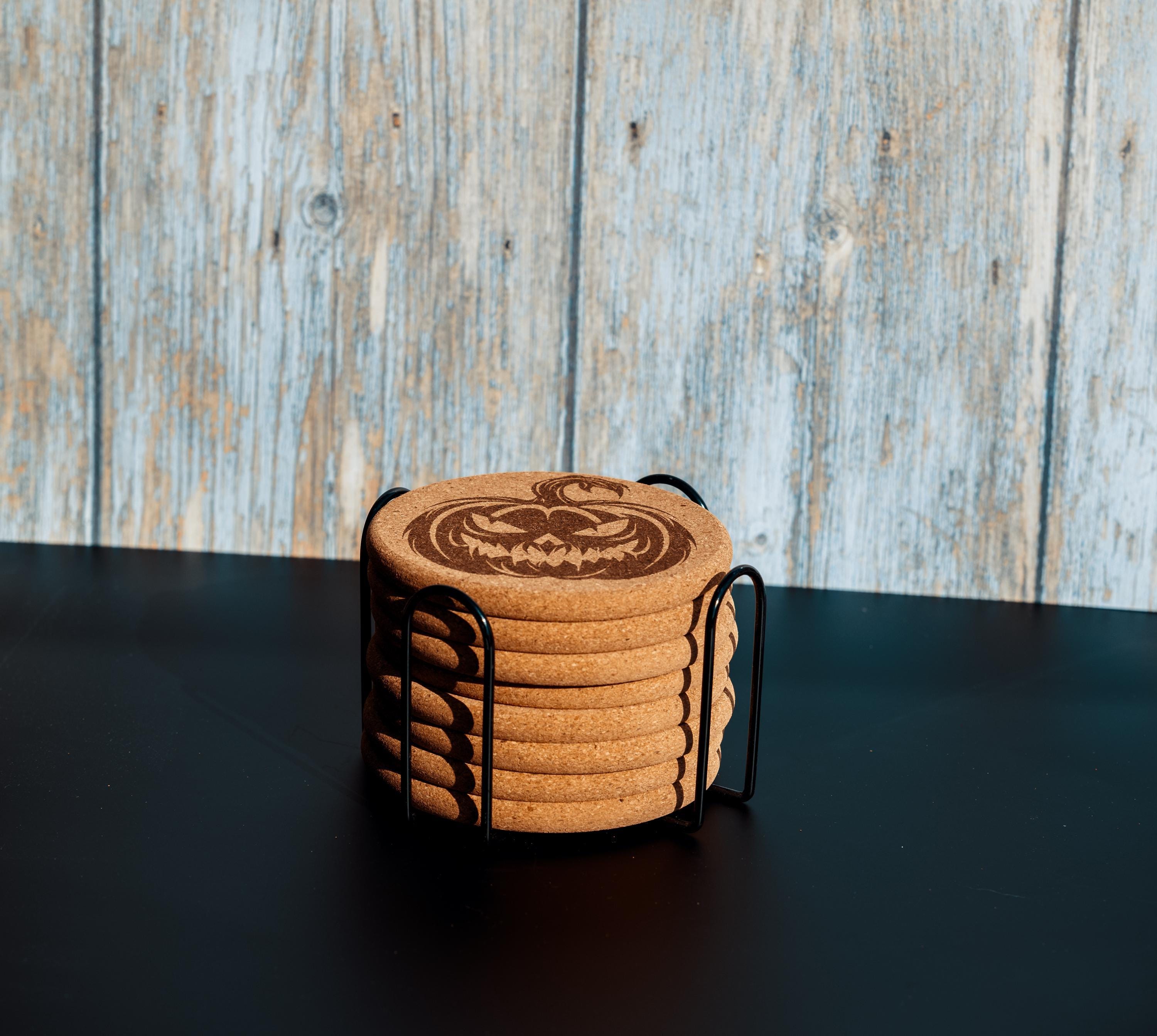 Halloween Pumpkin Coasters – Natural Cork Set | Laser Engraved Pumpkin Coaster Holder