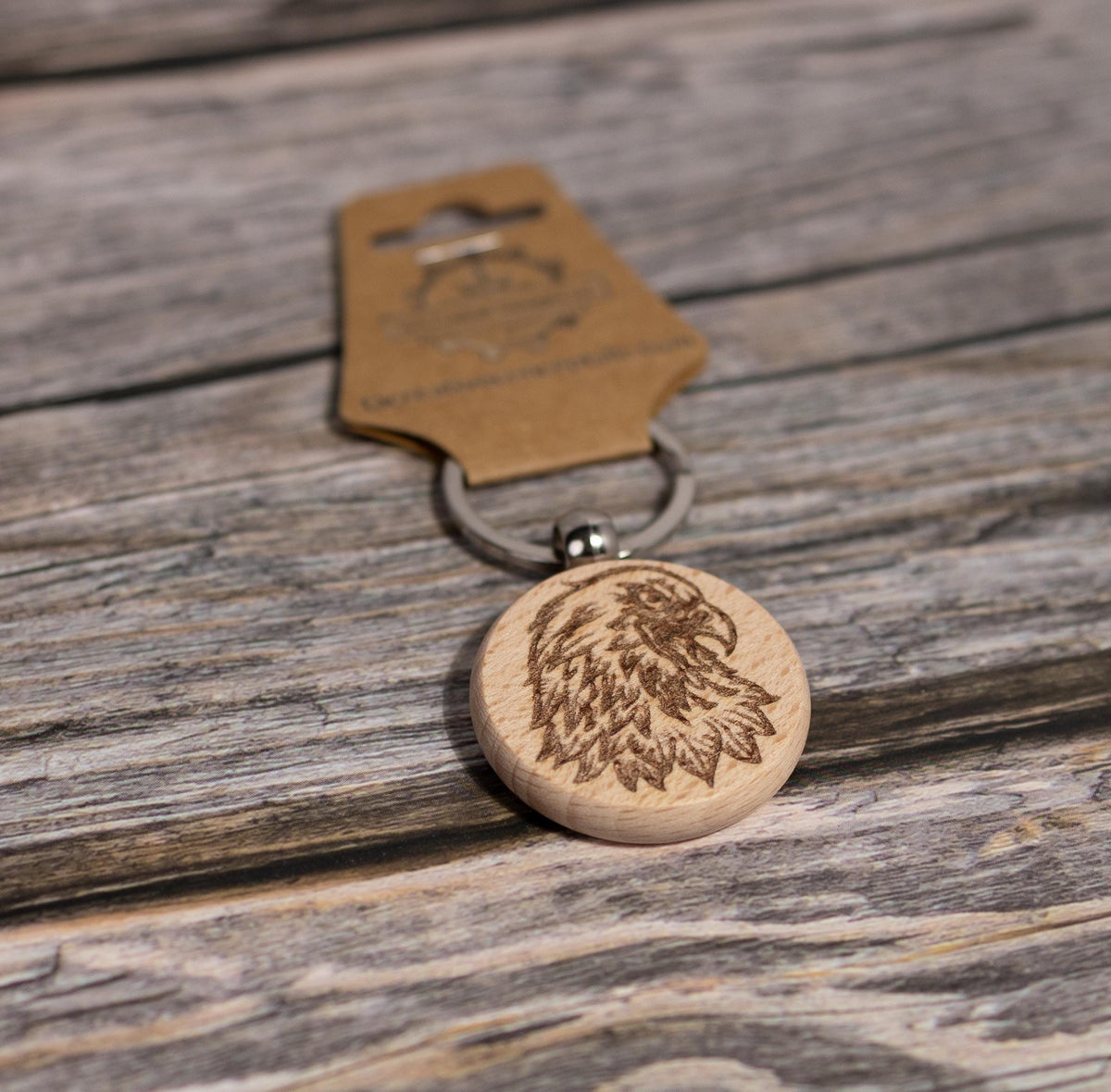 Hardwood Eagle Keychain - Rustic Laser Engraved Charm with Stainless Steel Hardware