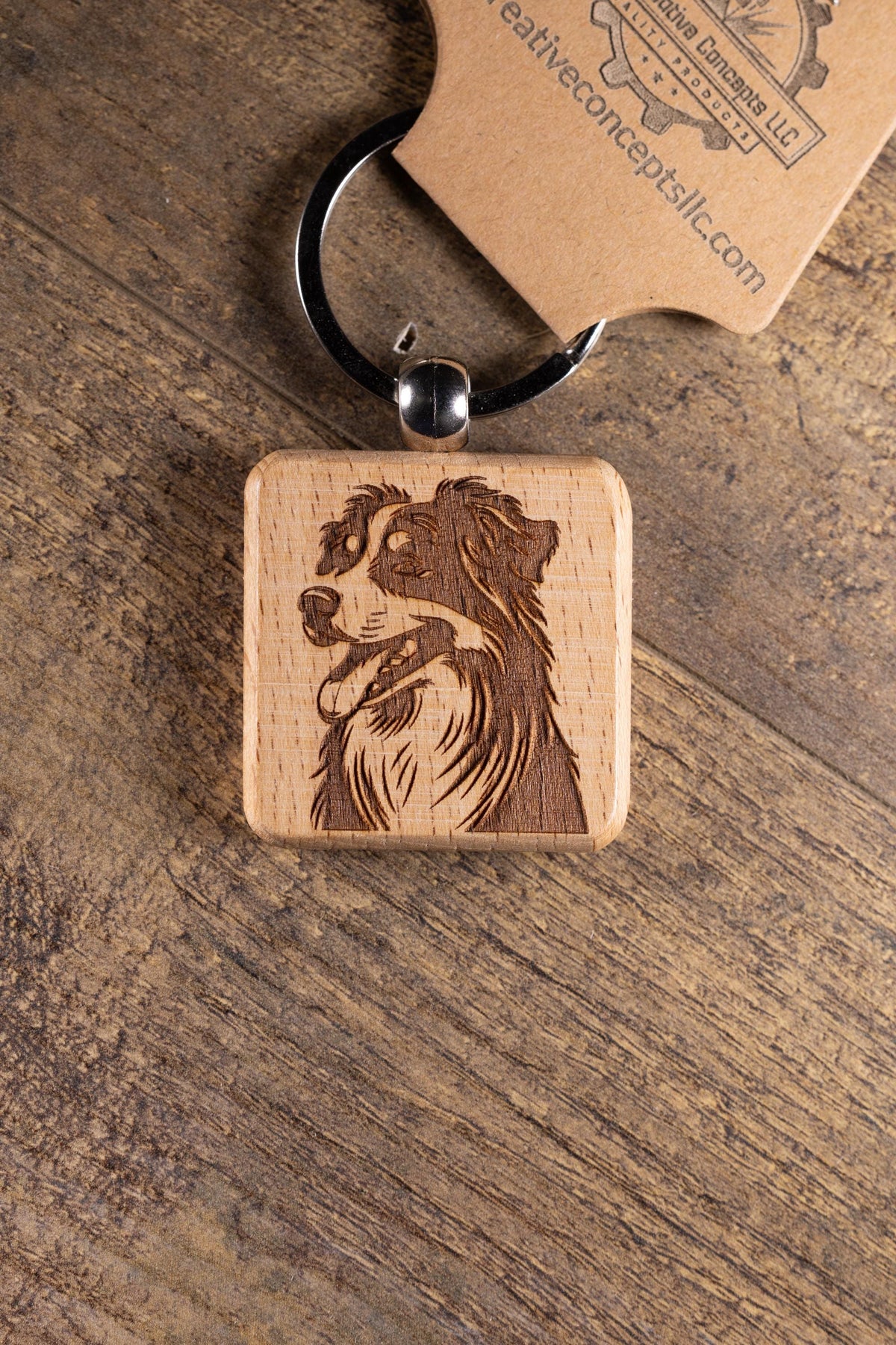 Wooden Dog Keychain - Australian Shepherd Gift | Solid Hardwood Charm, Durable Stainless Steel