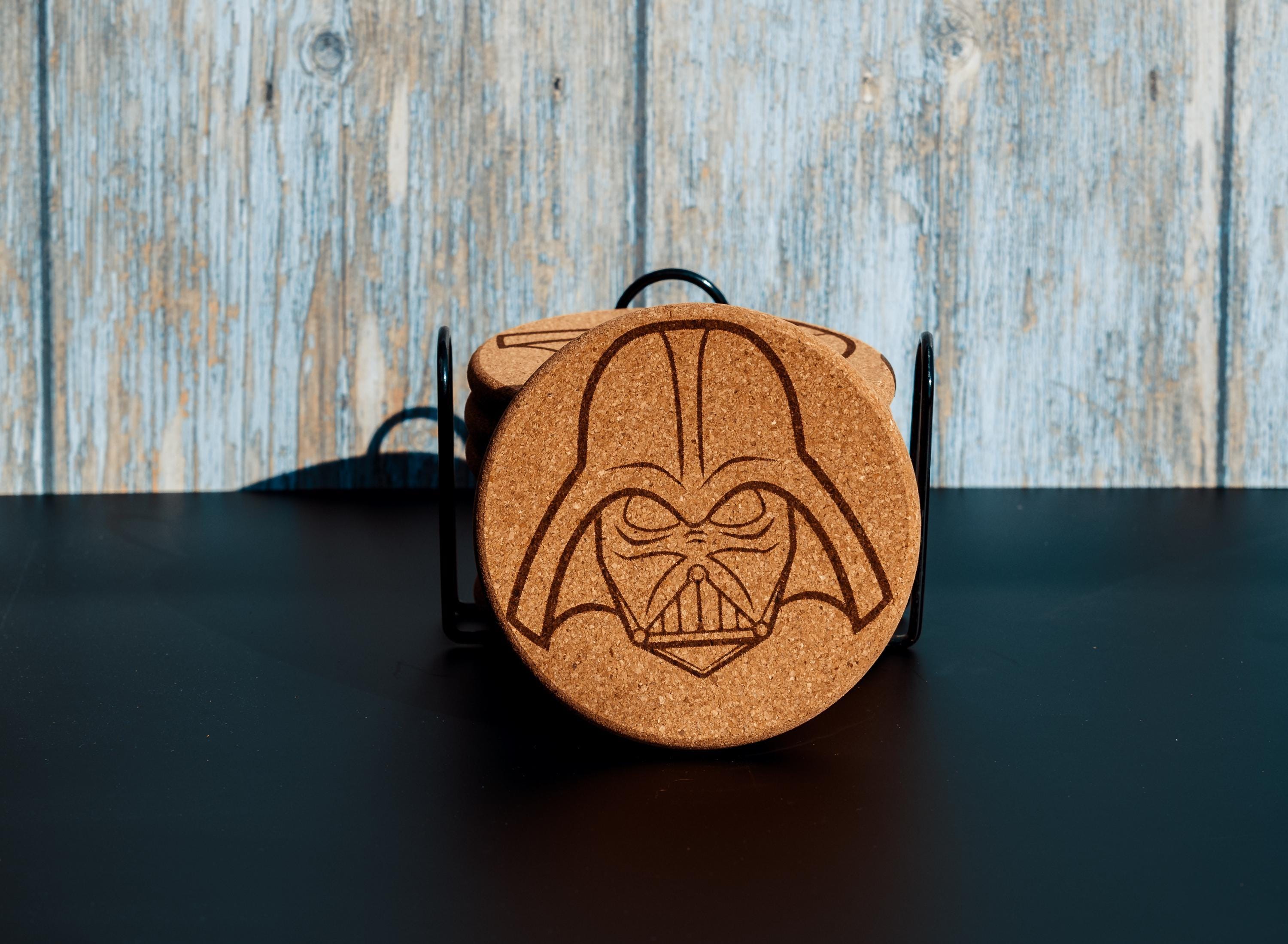 Darth Vader Coasters – Star Wars Drink Mats | Laser Engraved Cork Set with Holder