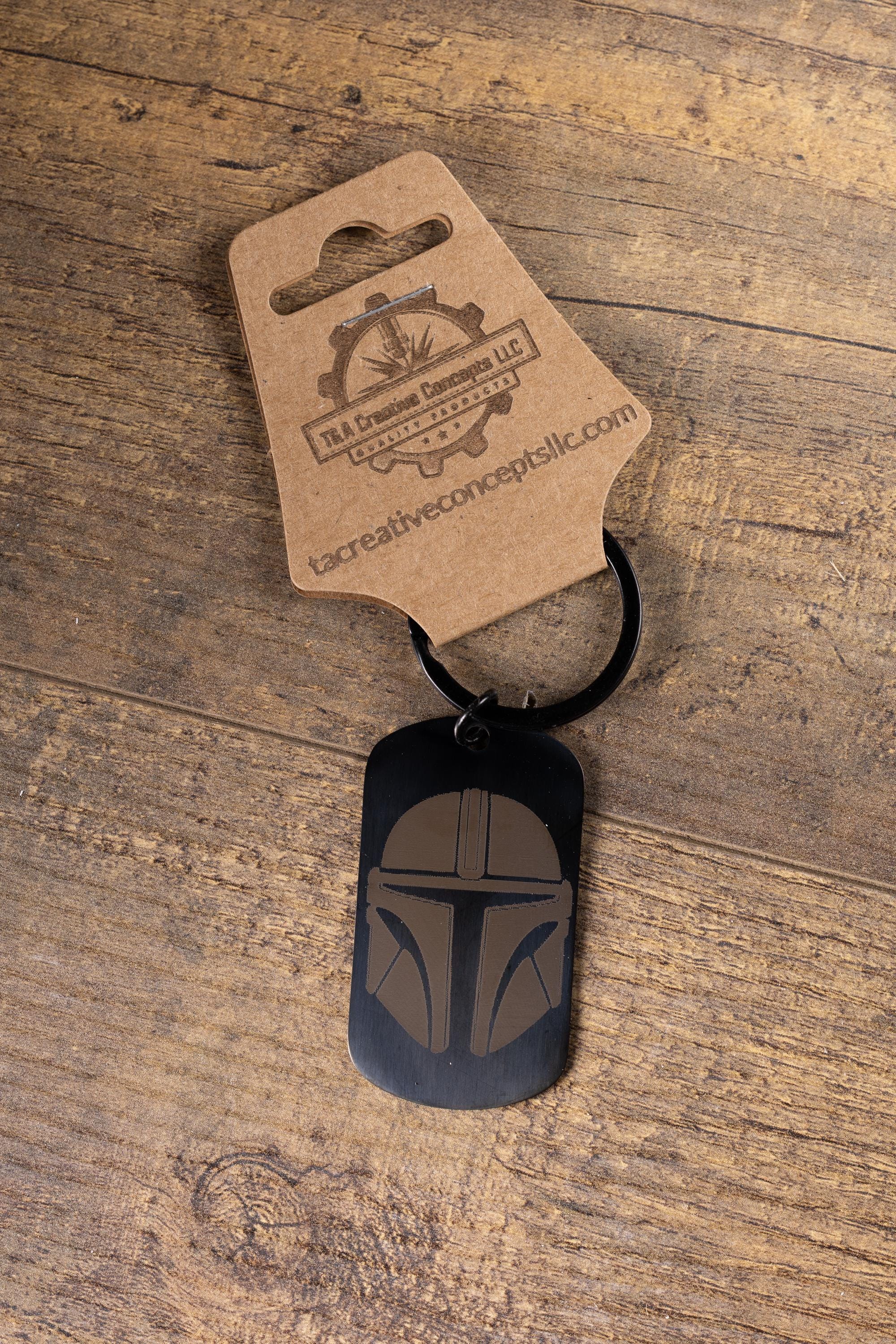 Mandalorian Keychain - Black Stainless Steel, Laser Engraved Double-Sided Design