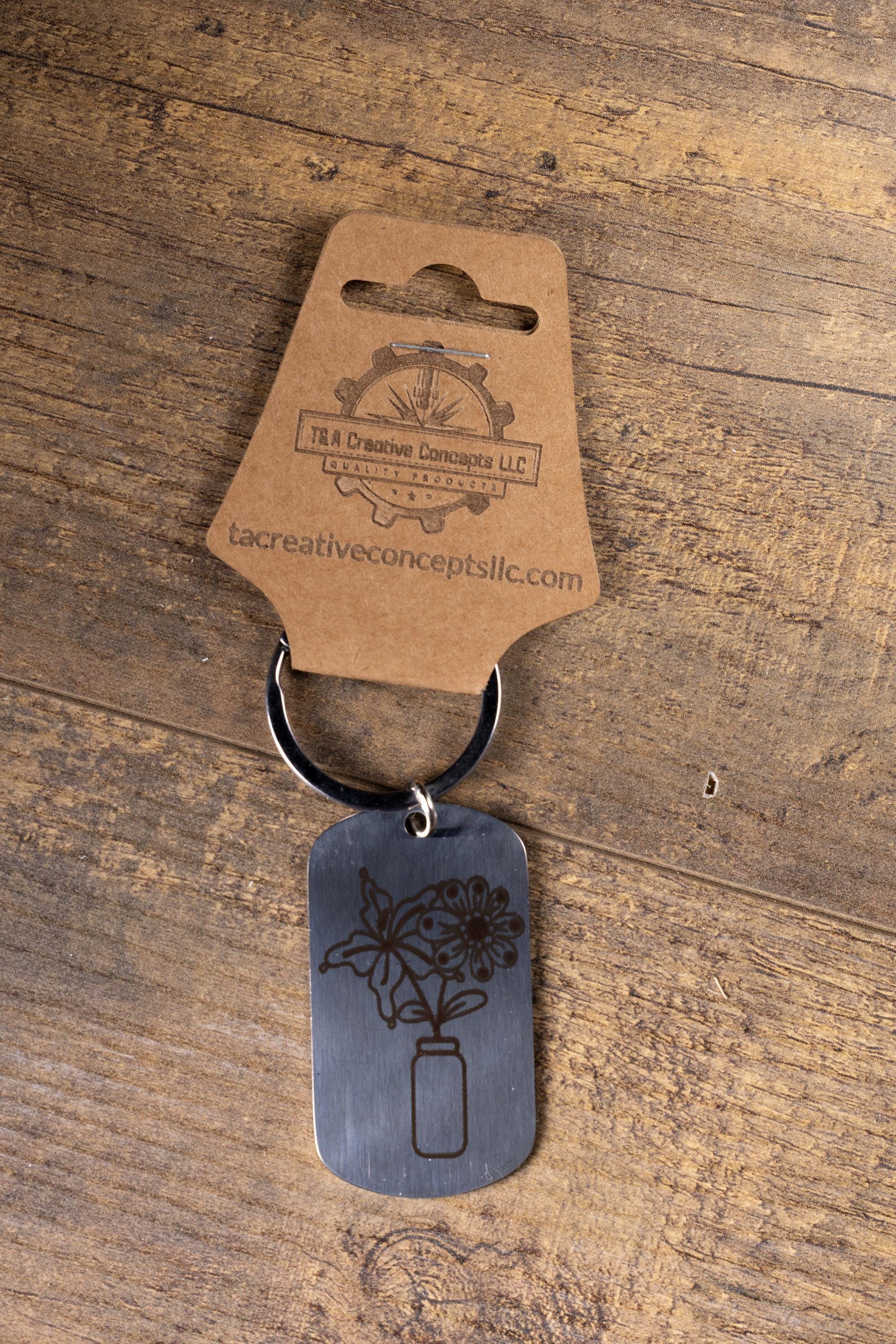 Floral Vase Keychain – Stainless Steel Engraved Floral Keepsake Accessory