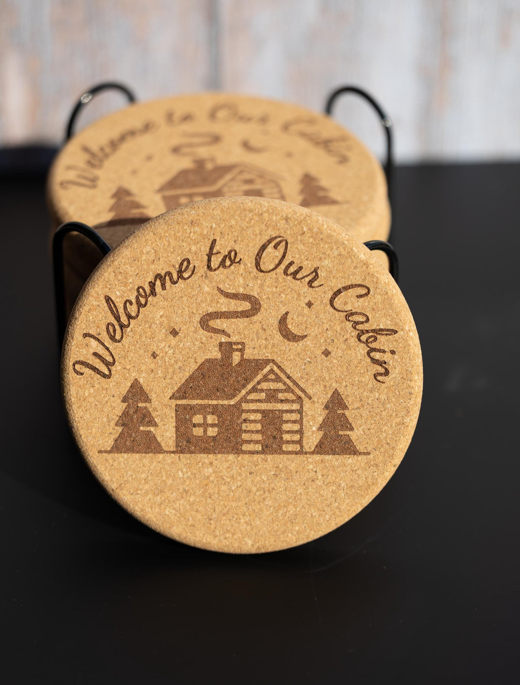 Rustic Cork Coasters - Welcome Cabin Coaster Set of 8 with Holder | Engraved Drink Mats