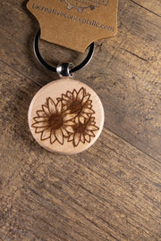Sunflower Wood Keychain - Laser Engraved Hardwood With Stainless Steel Ring