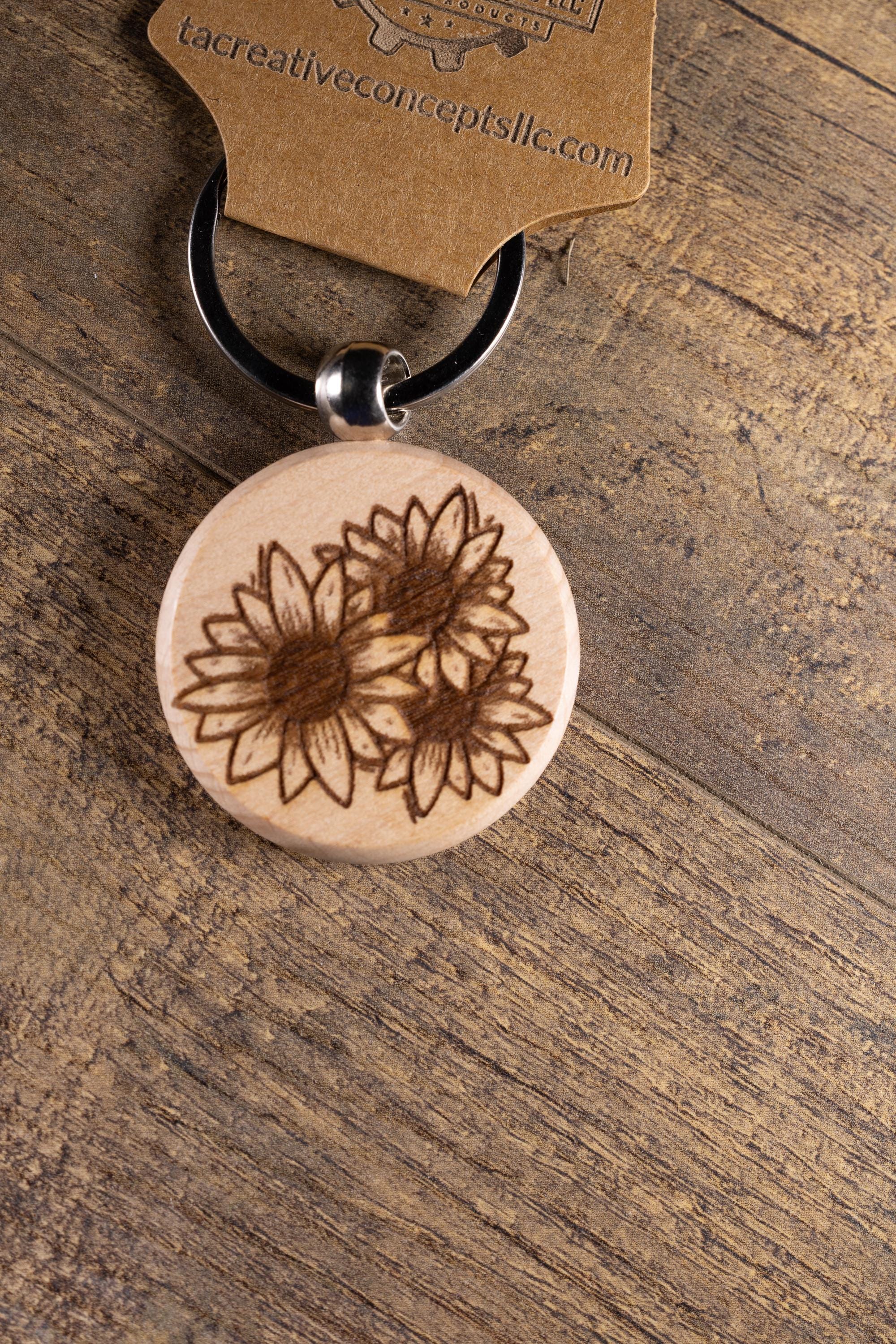 Sunflower Wood Keychain - Laser Engraved Hardwood With Stainless Steel Ring