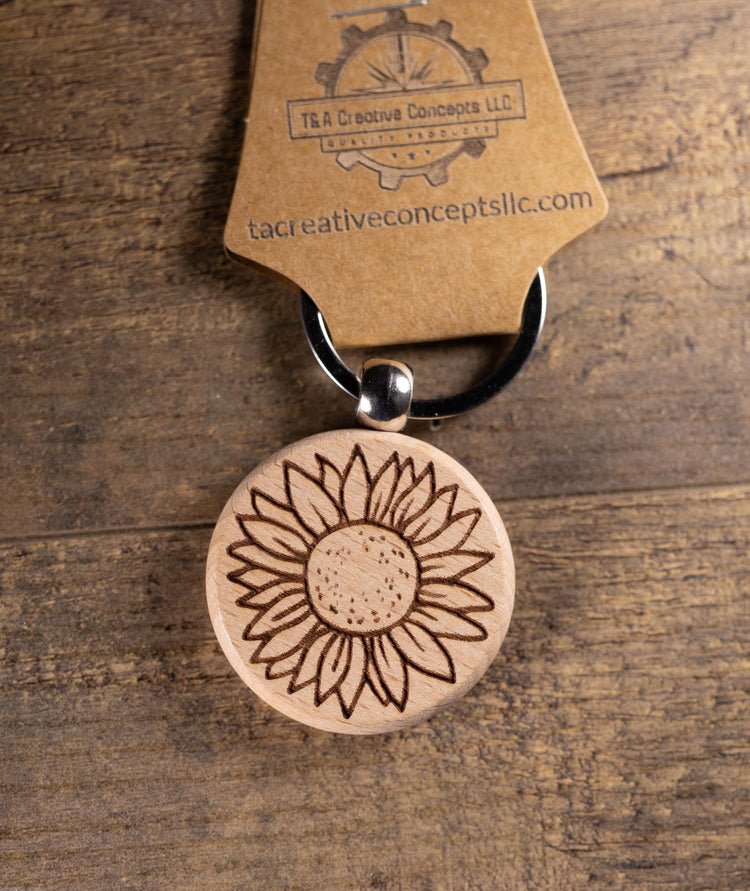 Sunflower Keychain – Laser Engraved Wood Hardwood Accessory with Stainless Steel Hardware