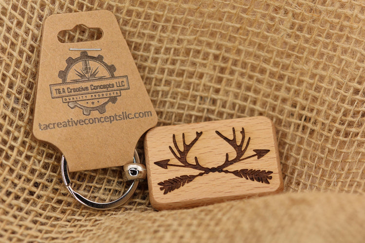 Rustic Hunting Keychain – Hardwood Double Sided Antlers and Arrows Design