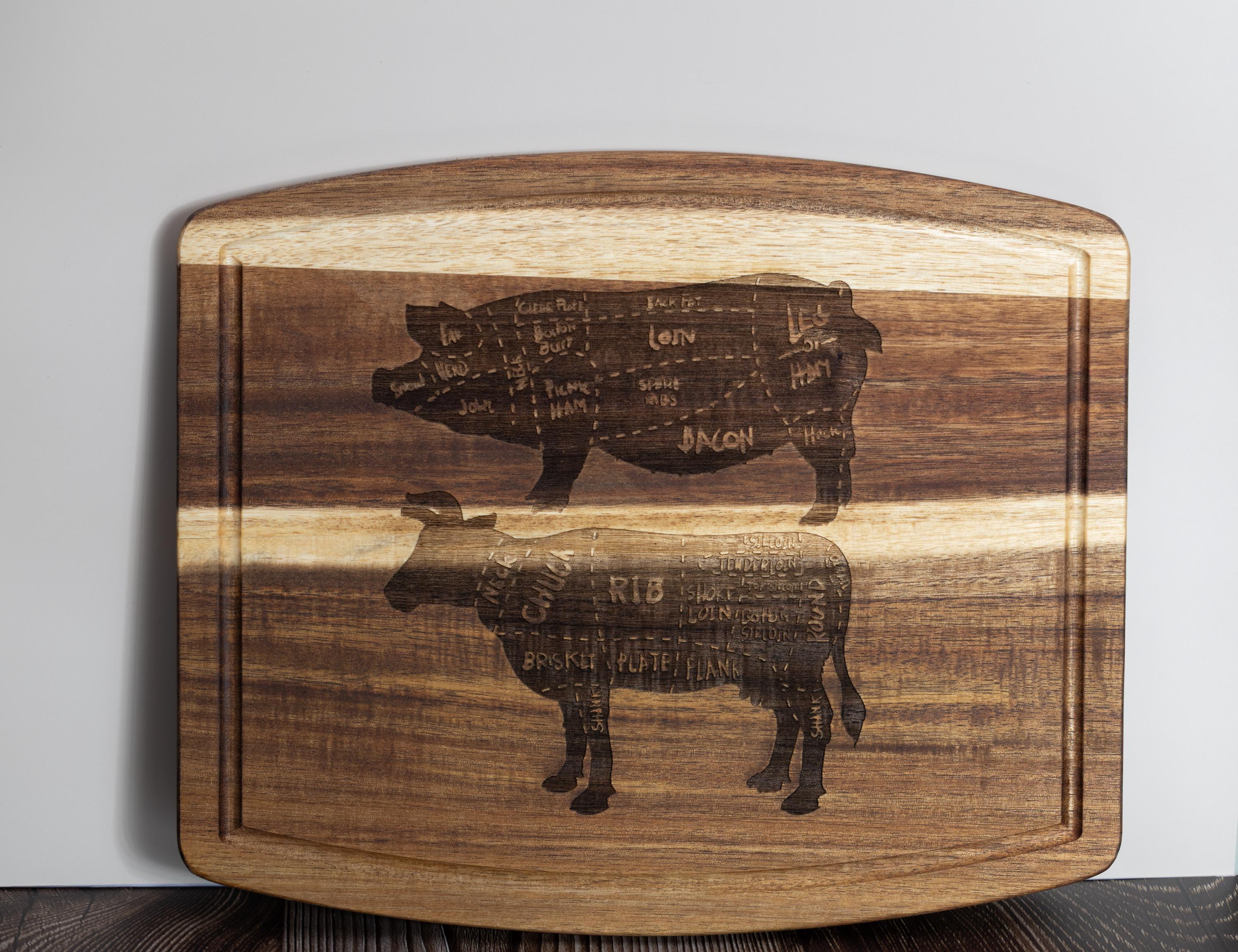 Butcher Diagram Cutting Board - Acacia Wood Pig & Cow Chart, Laser Engraved