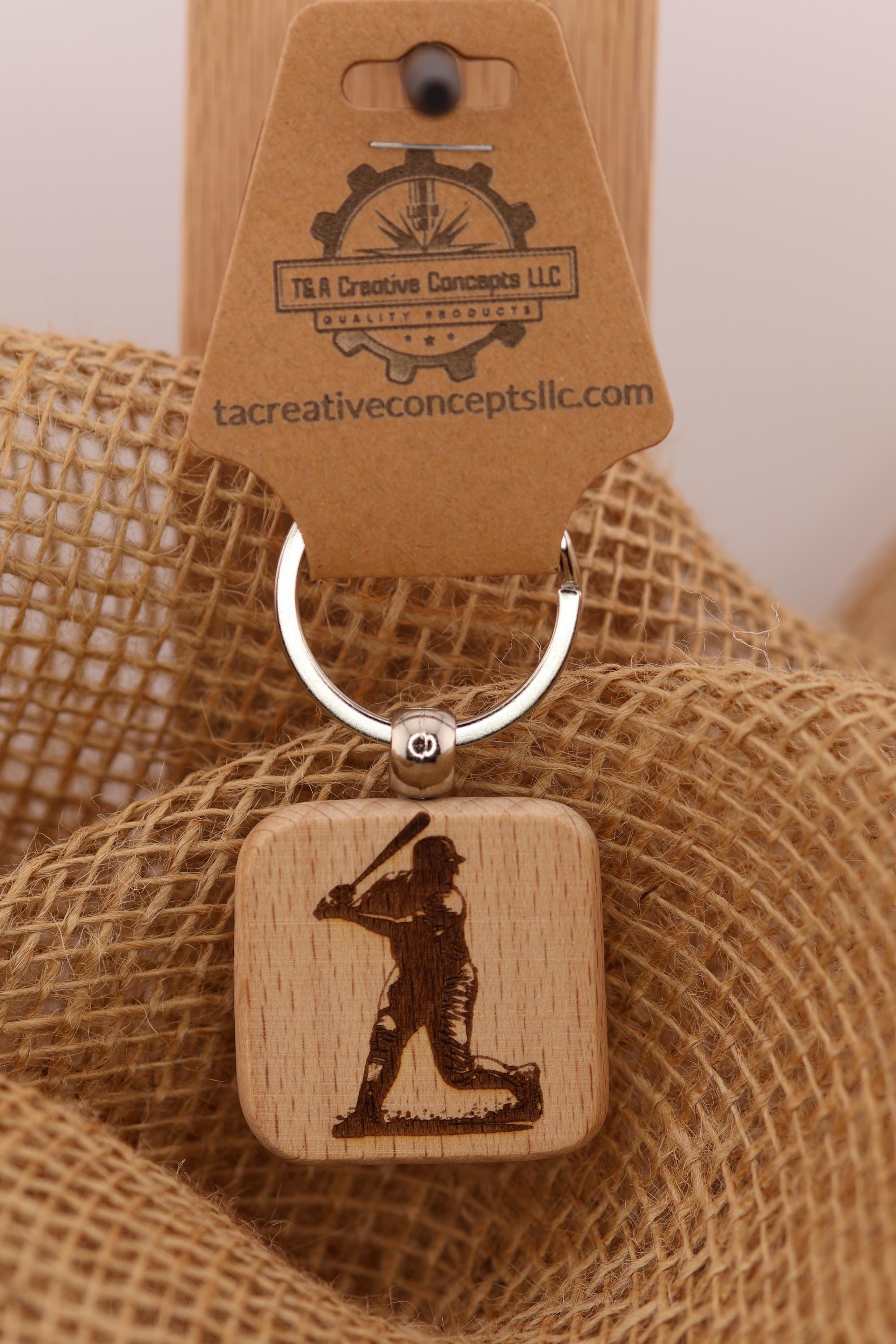 Baseball Wood Keychain – Double Sided Hardwood Batter Charm with Rust Resistant Ring