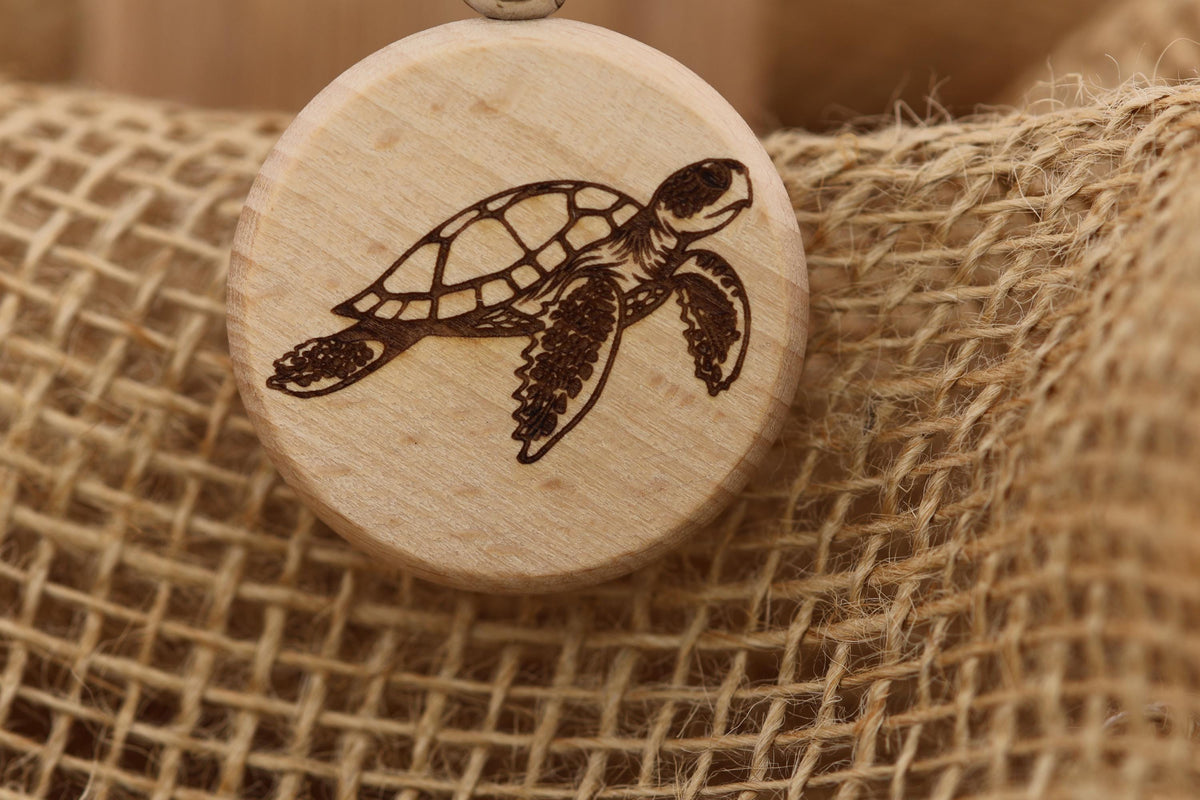 Sea Turtle Keychain – Double Sided Hardwood Charm with Rust Resistant Ring