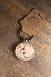 Wooden Moon Keychain – Laser Engraved Celestial Charm with Stainless Steel Hardware