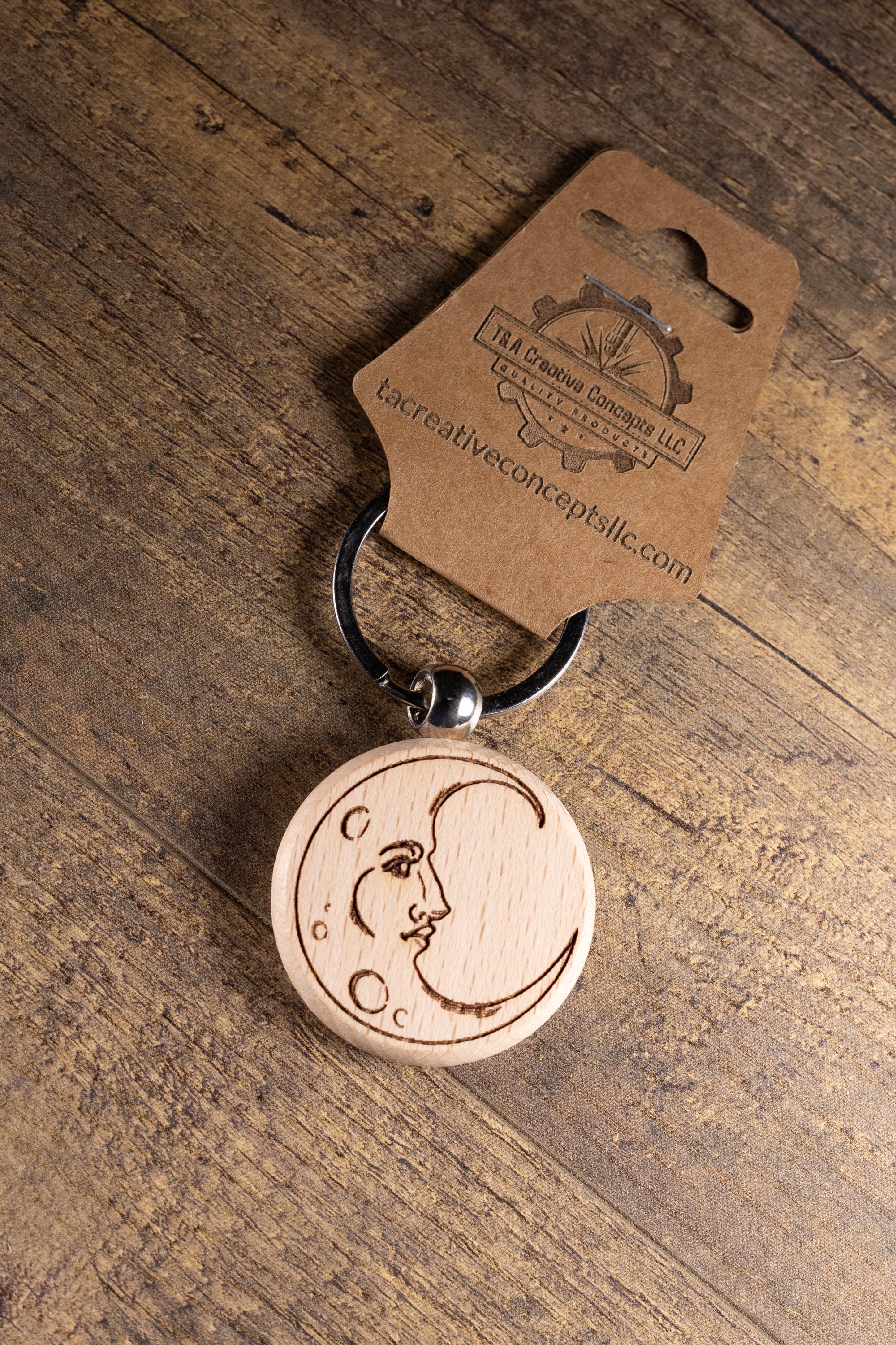 Wooden Moon Keychain – Laser Engraved Celestial Charm with Stainless Steel Hardware
