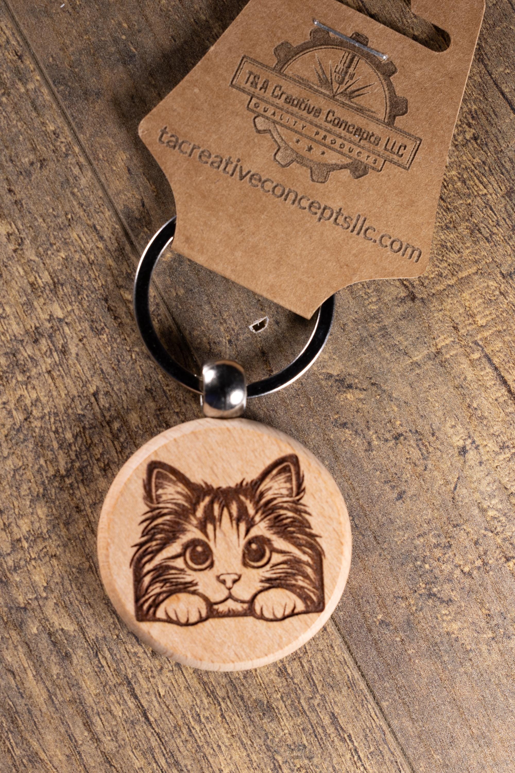 Wooden Cat Keychain - Laser Engraved Wood Hardwood Bag Charm with Stainless Steel Ring