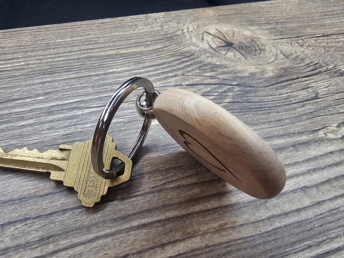 Laser Engraved Heart Keychain - Double Sided Hardwood With Rust Resistant Ring