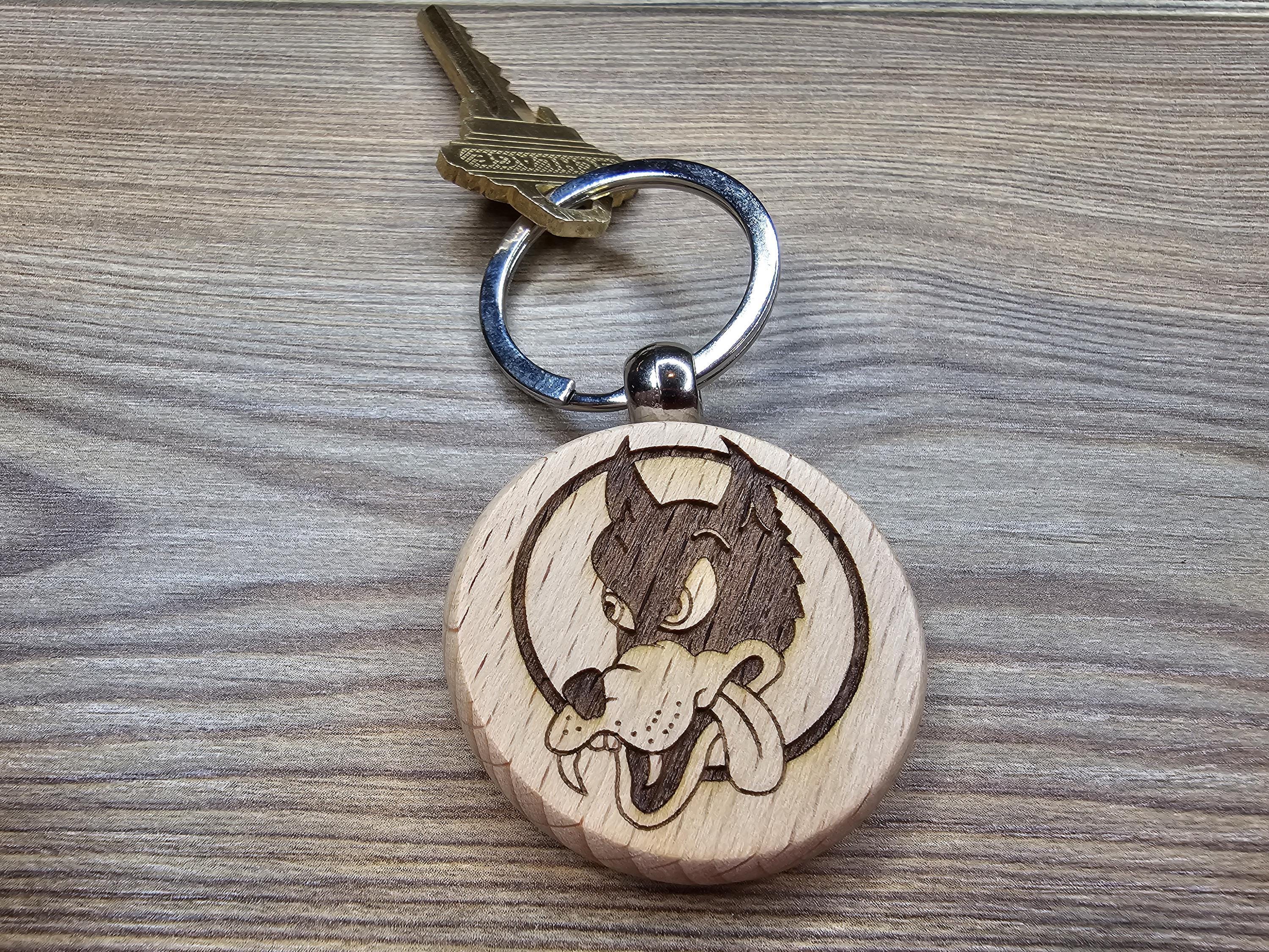 Grateful Dead Keychain – Double Sided Wooden Dire Wolf Design With Stainless Steel Ring