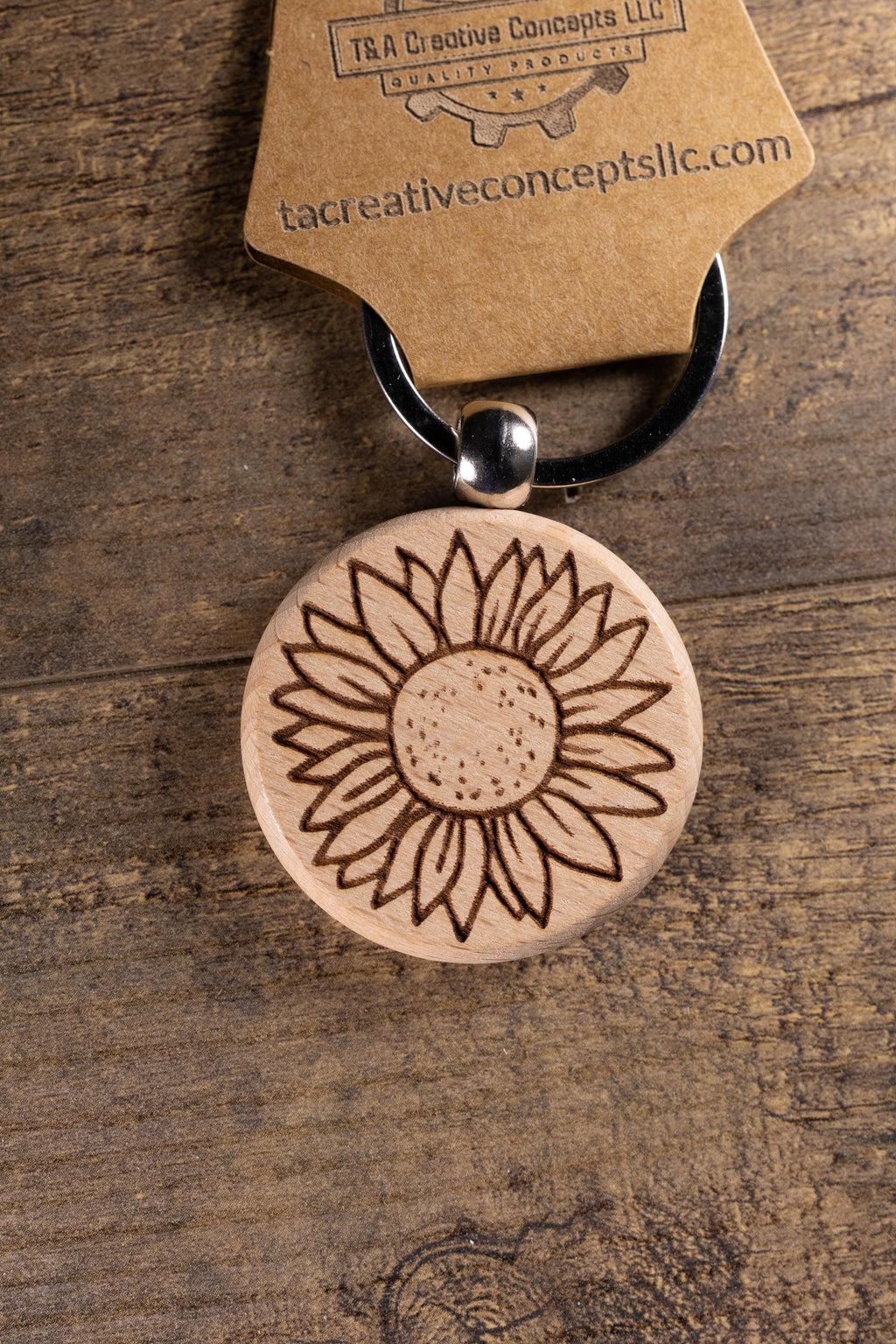 Sunflower Keychain – Laser Engraved Wood Hardwood Accessory with Stainless Steel Hardware