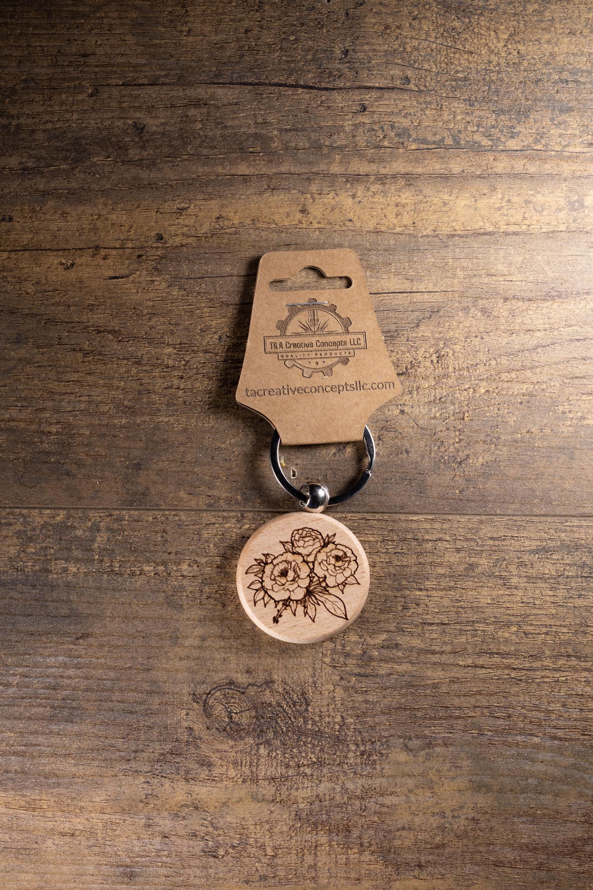 Wood Keychain – Laser Engraved Peony Bouquet Floral Charm | Maple, Cherry, Walnut
