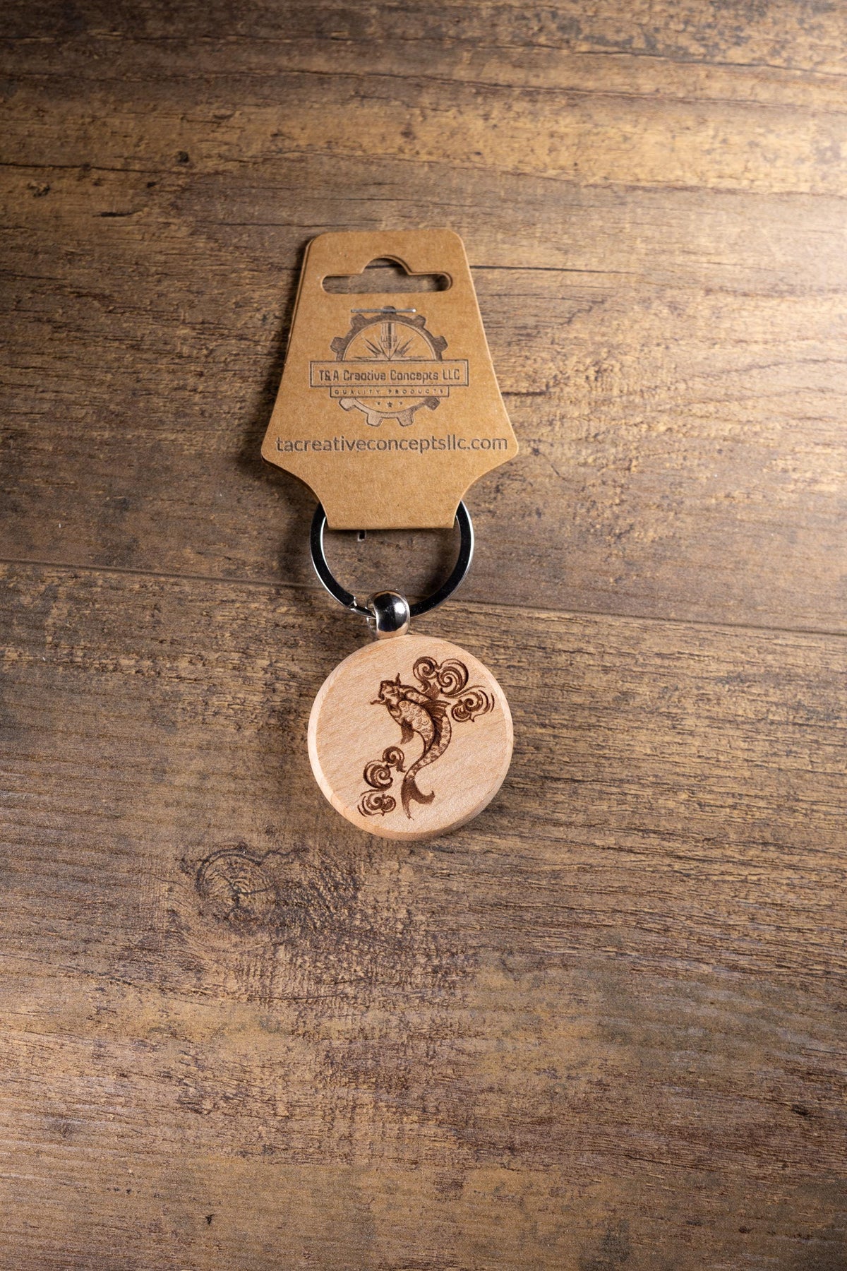 Koi Fish Keychain - Laser Engraved Hardwood Bag Charm With Stainless Steel Hardware