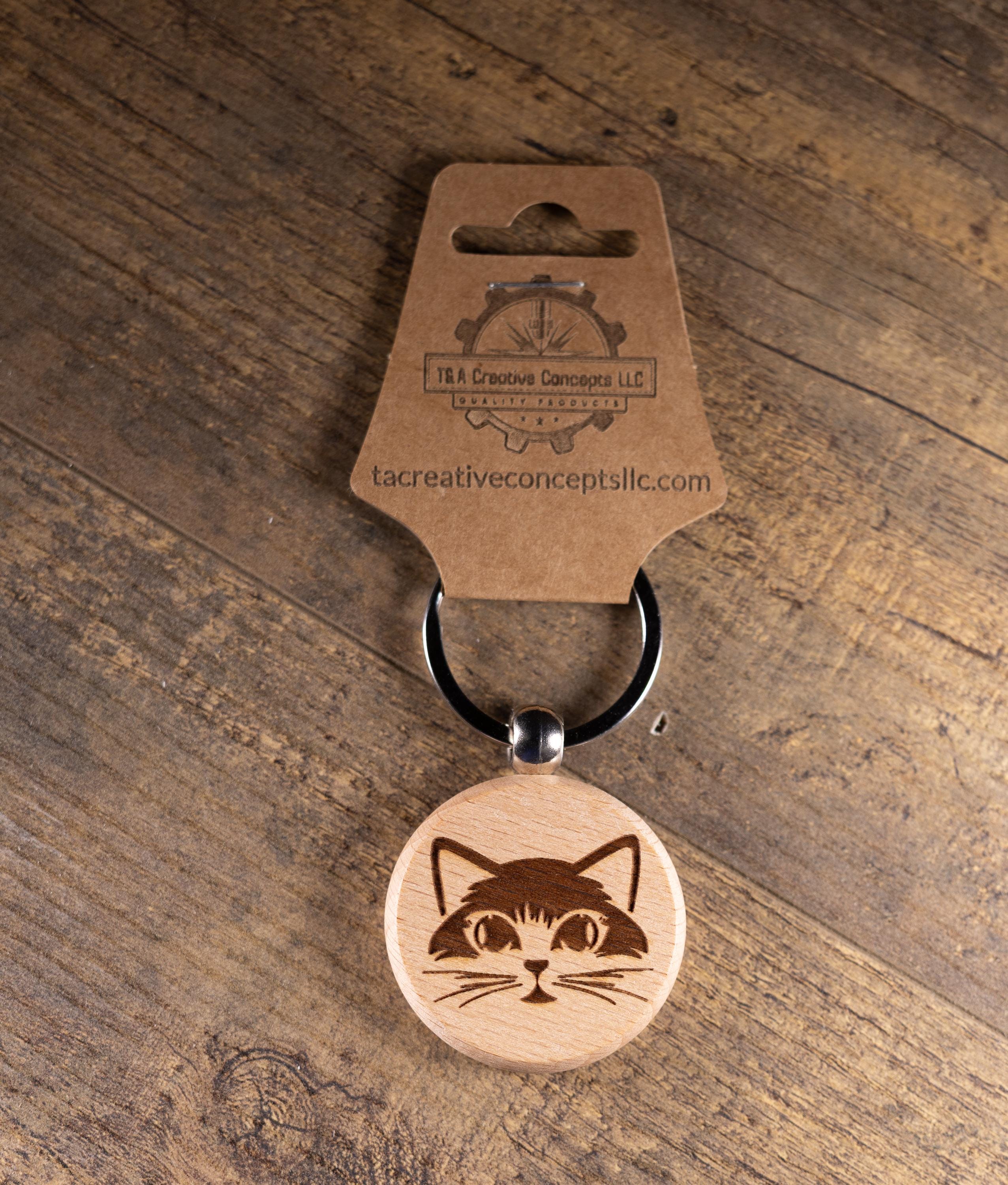 Cat Wood Keychain – Laser Engraved Hardwood Keyring | Maple, Cherry, Walnut Gift