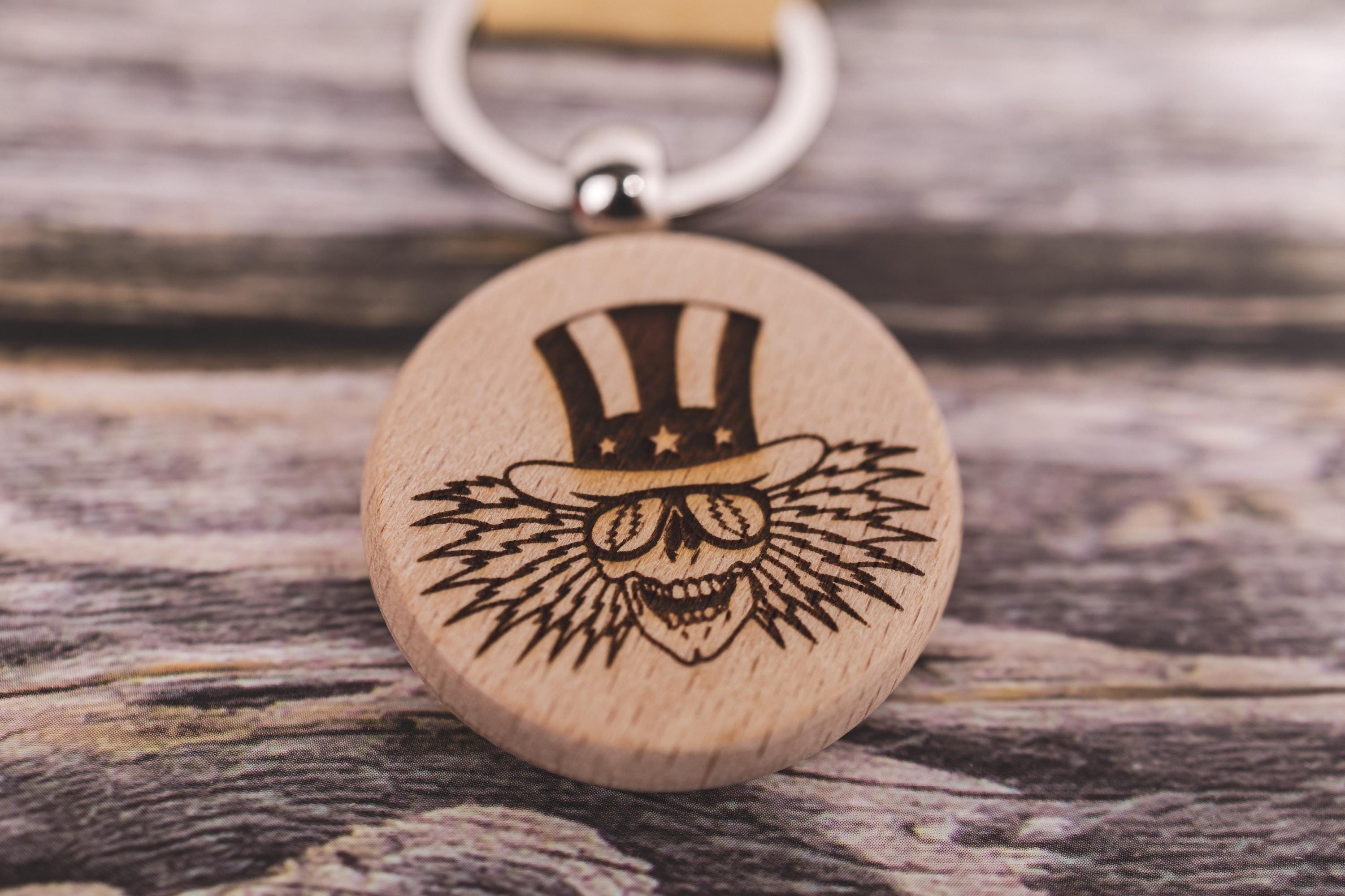 Grateful Dead Keychain – Uncle Sam Hardwood Double-Sided Engraving with Stainless Steel Ring
