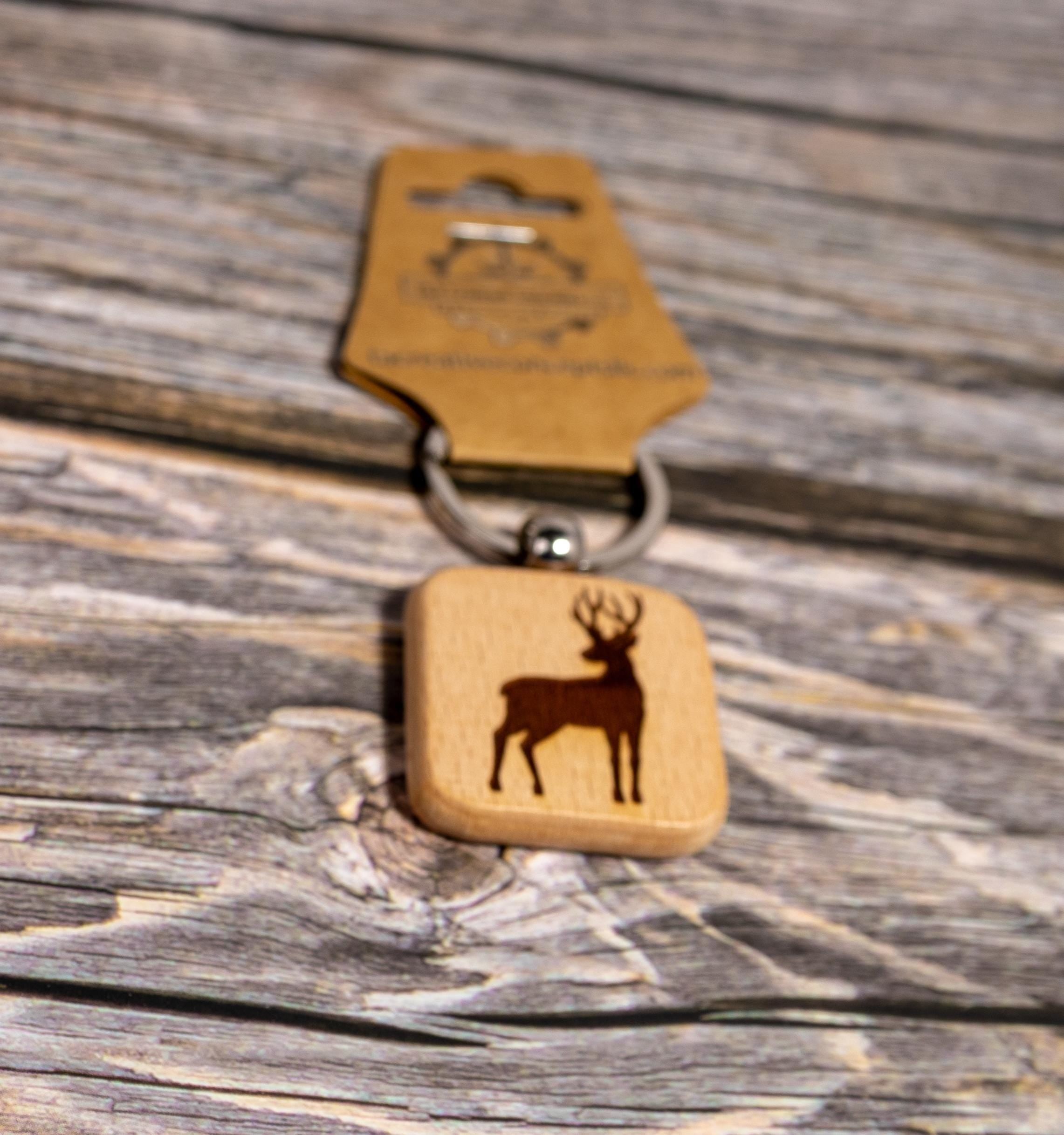 Hunter Buck Keychain - Double Sided Hardwood Laser Engraved Buck Silhouette