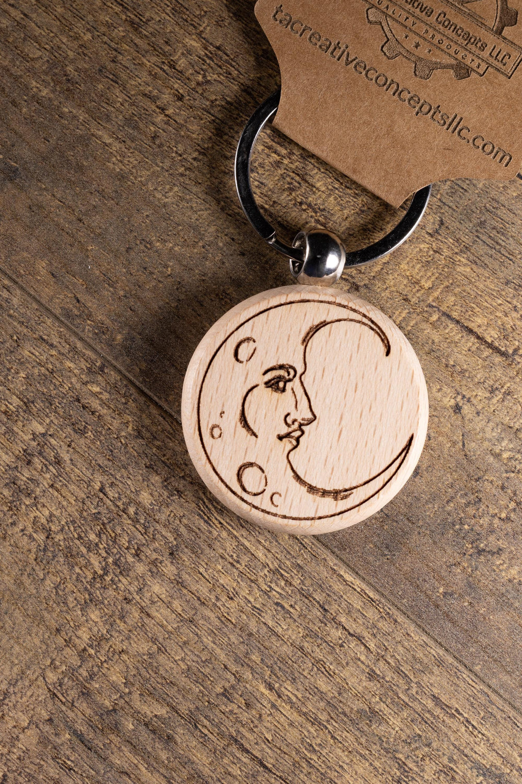 Wooden Moon Keychain – Laser Engraved Celestial Charm with Stainless Steel Hardware