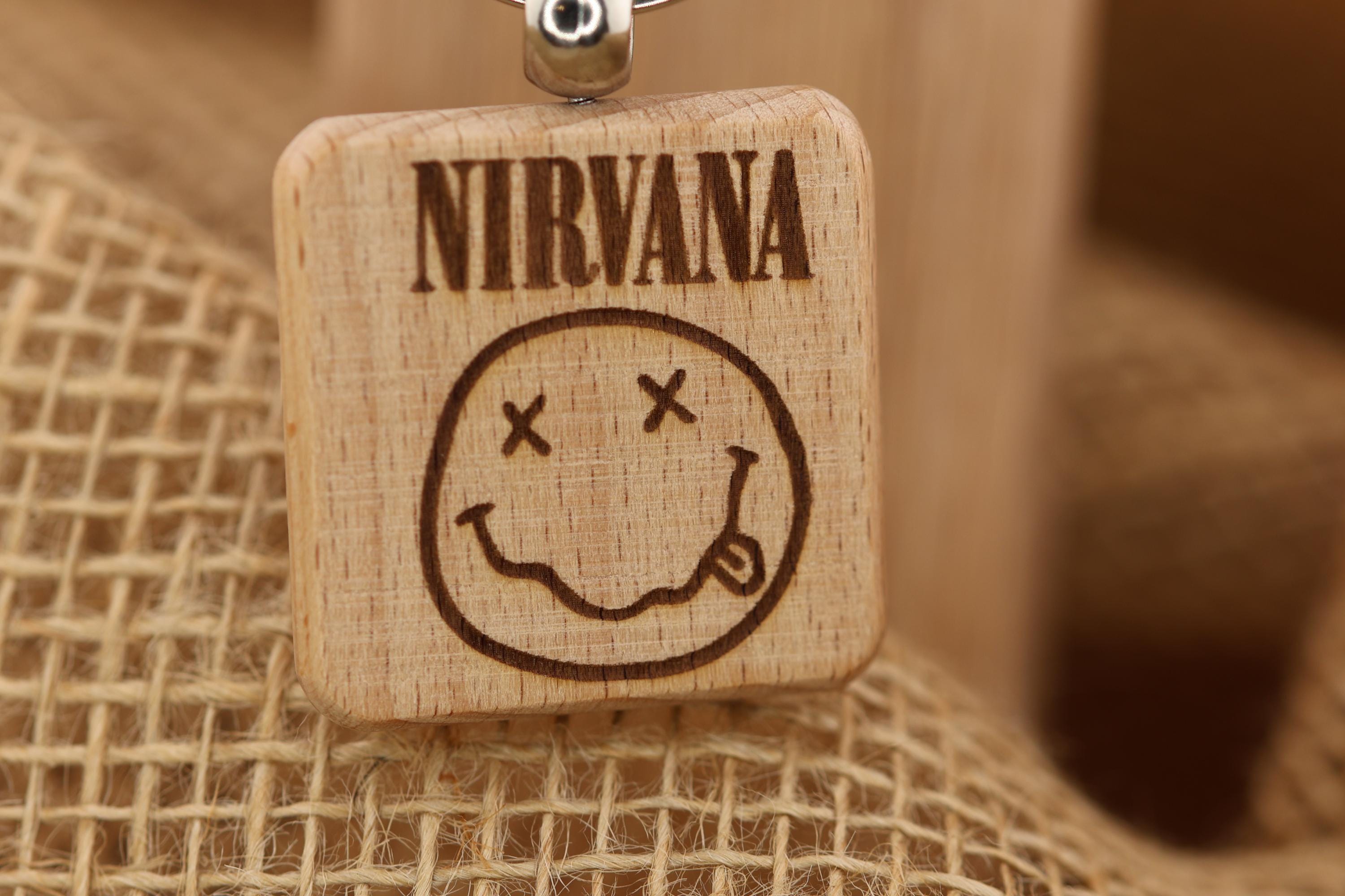 Nirvana Keychain – Hardwood Double Sided Engraved Smiley Face with Stainless Steel Ring