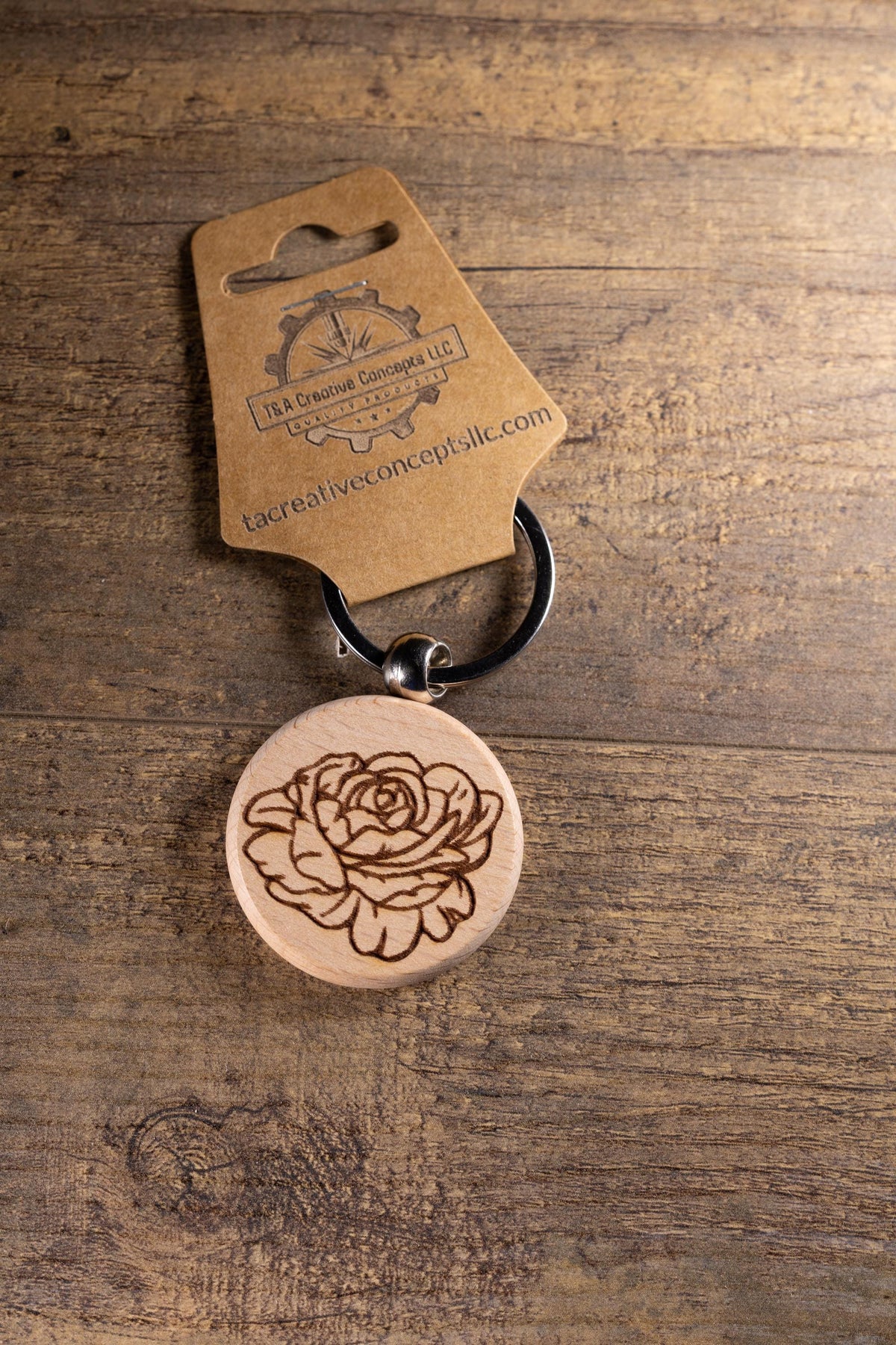 Peony Wood Keychain – Laser Engraved Floral Design | Hardwood & Stainless Steel Ring