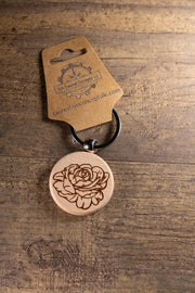 Peony Wood Keychain – Laser Engraved Floral Design | Hardwood & Stainless Steel Ring