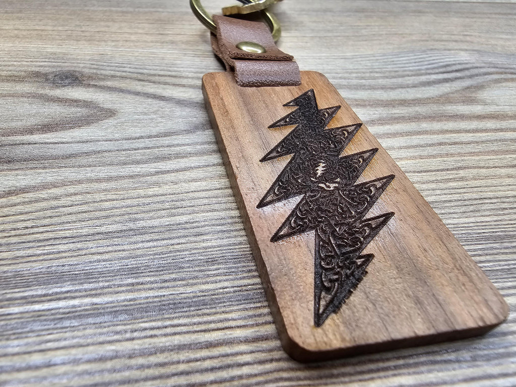 Grateful Dead Keychain – Walnut Wood Celtic Bolt Design | Double-Sided Engraving
