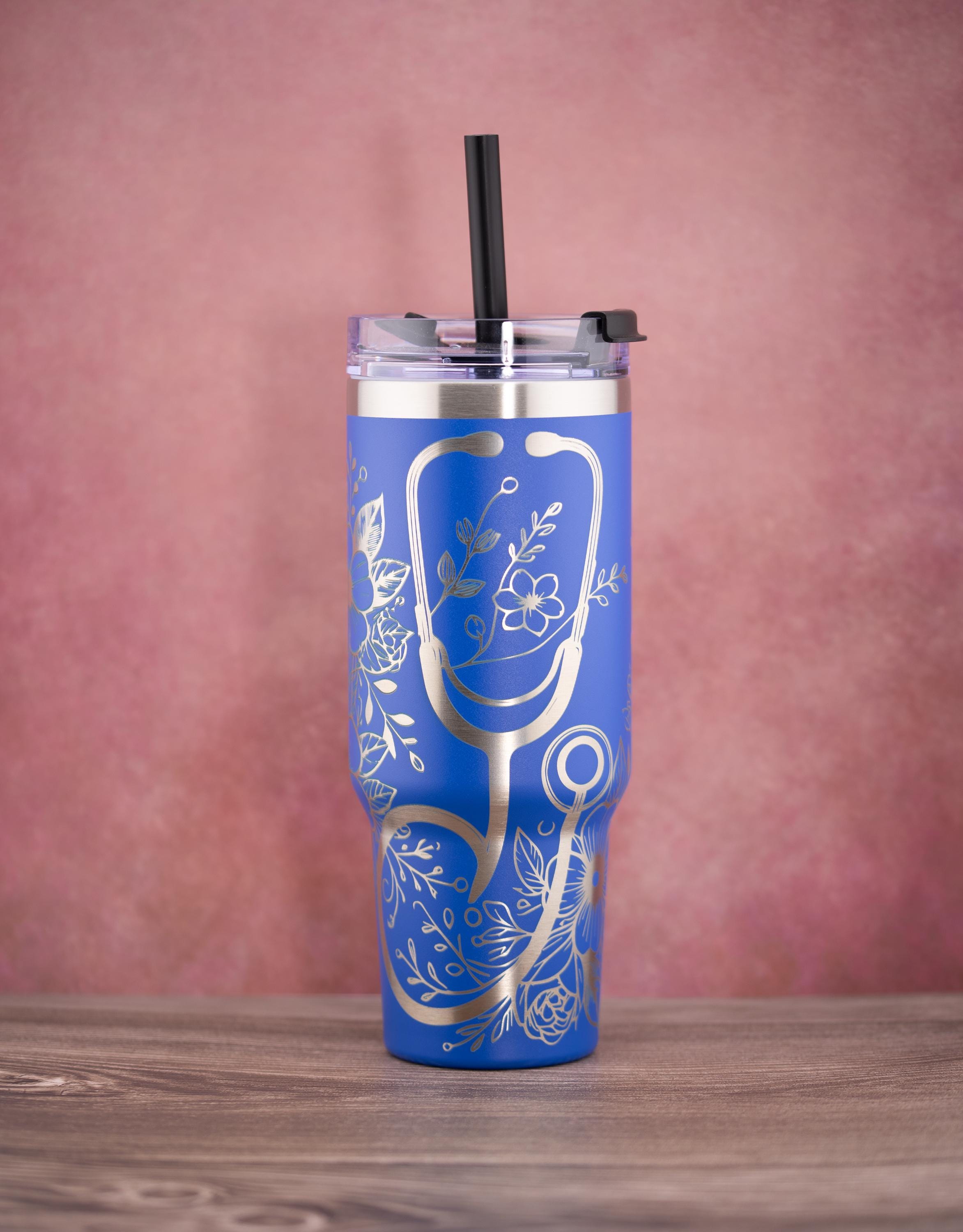 Floral Nurse Tumbler – 40oz Stainless Steel Insulated Drink Cup with Handle & Straw Lid